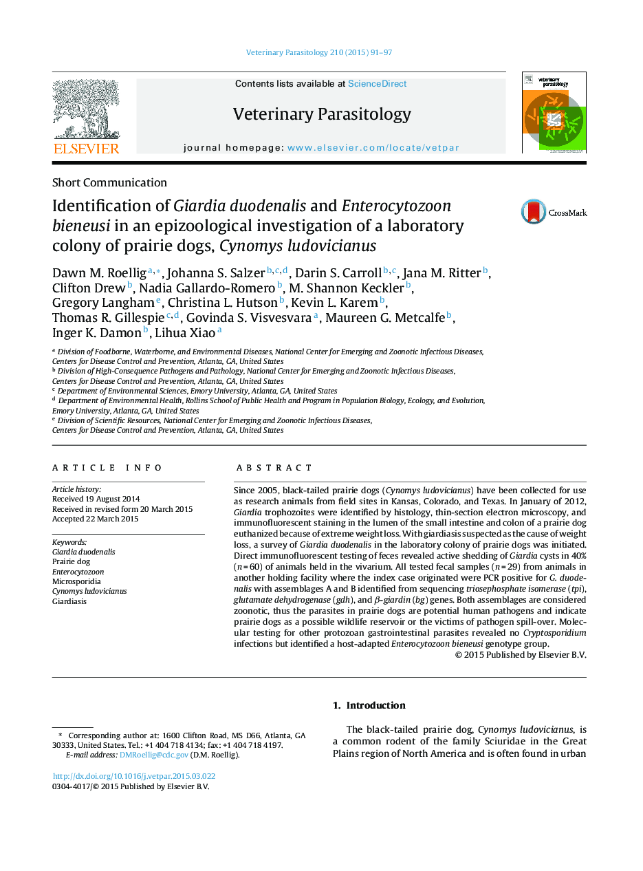 Identification of Giardia duodenalis and Enterocytozoon bieneusi in an epizoological investigation of a laboratory colony of prairie dogs, Cynomys ludovicianus