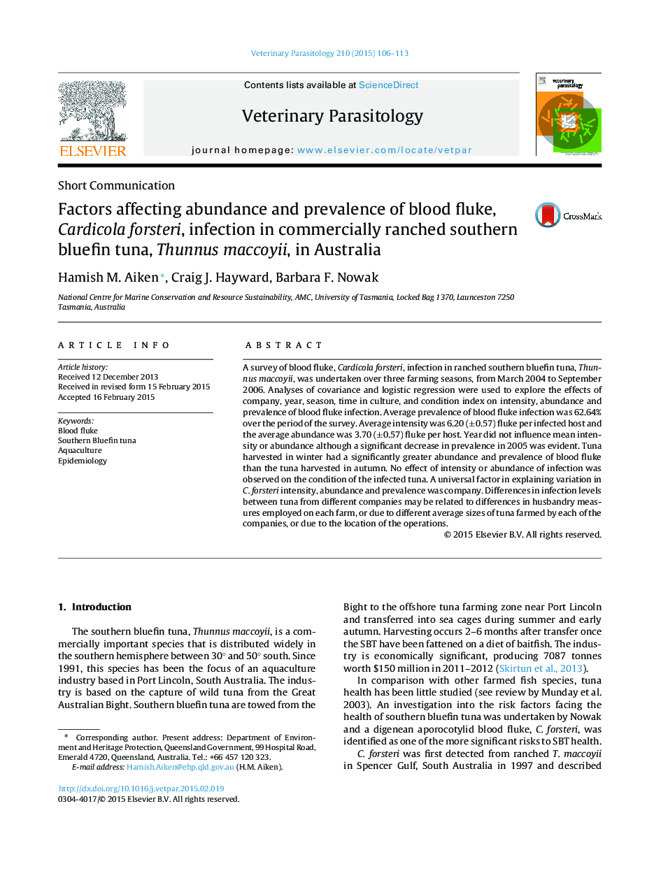 Factors affecting abundance and prevalence of blood fluke, Cardicola forsteri, infection in commercially ranched southern bluefin tuna, Thunnus maccoyii, in Australia