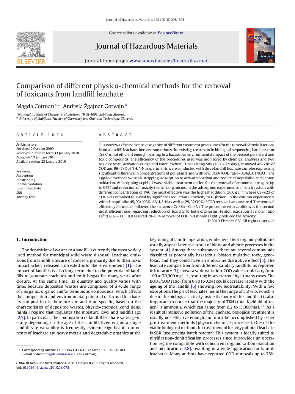 Comparison of different physico-chemical methods for the removal of toxicants from landfill leachate