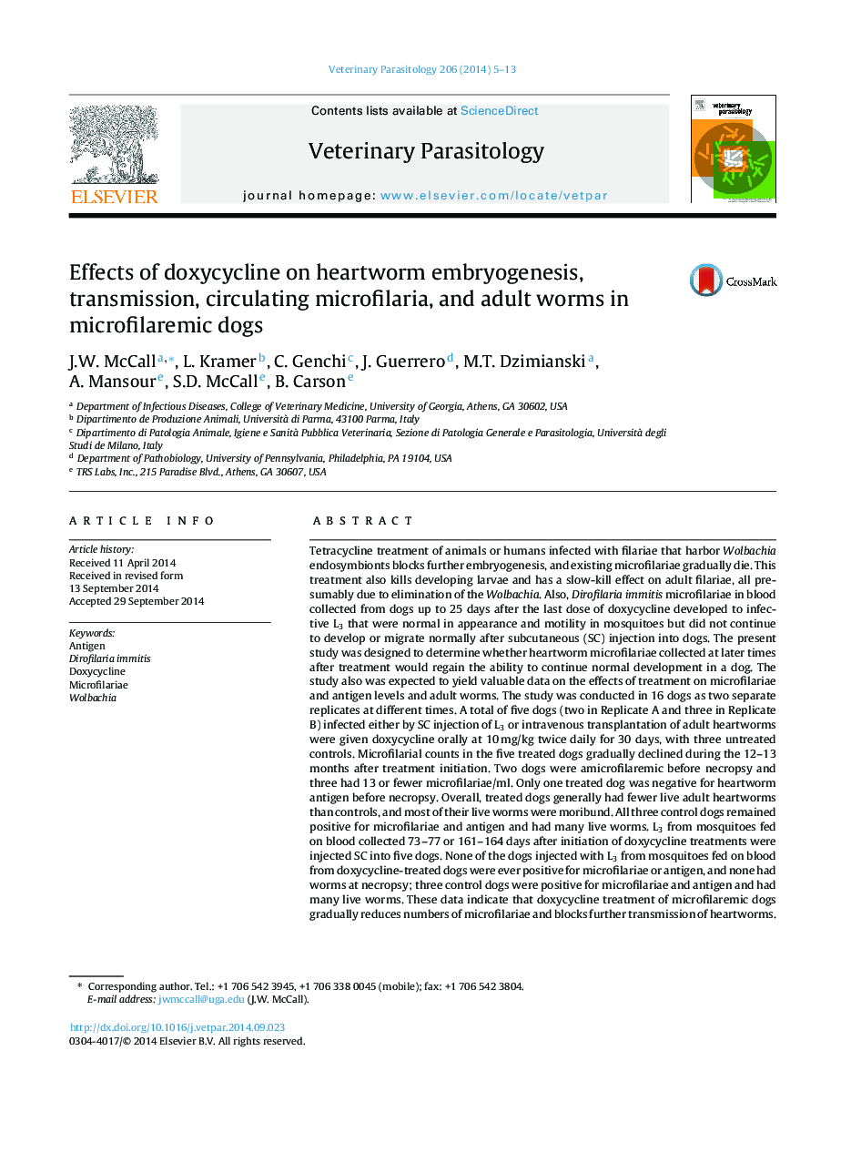 Effects of doxycycline on heartworm embryogenesis, transmission, circulating microfilaria, and adult worms in microfilaremic dogs