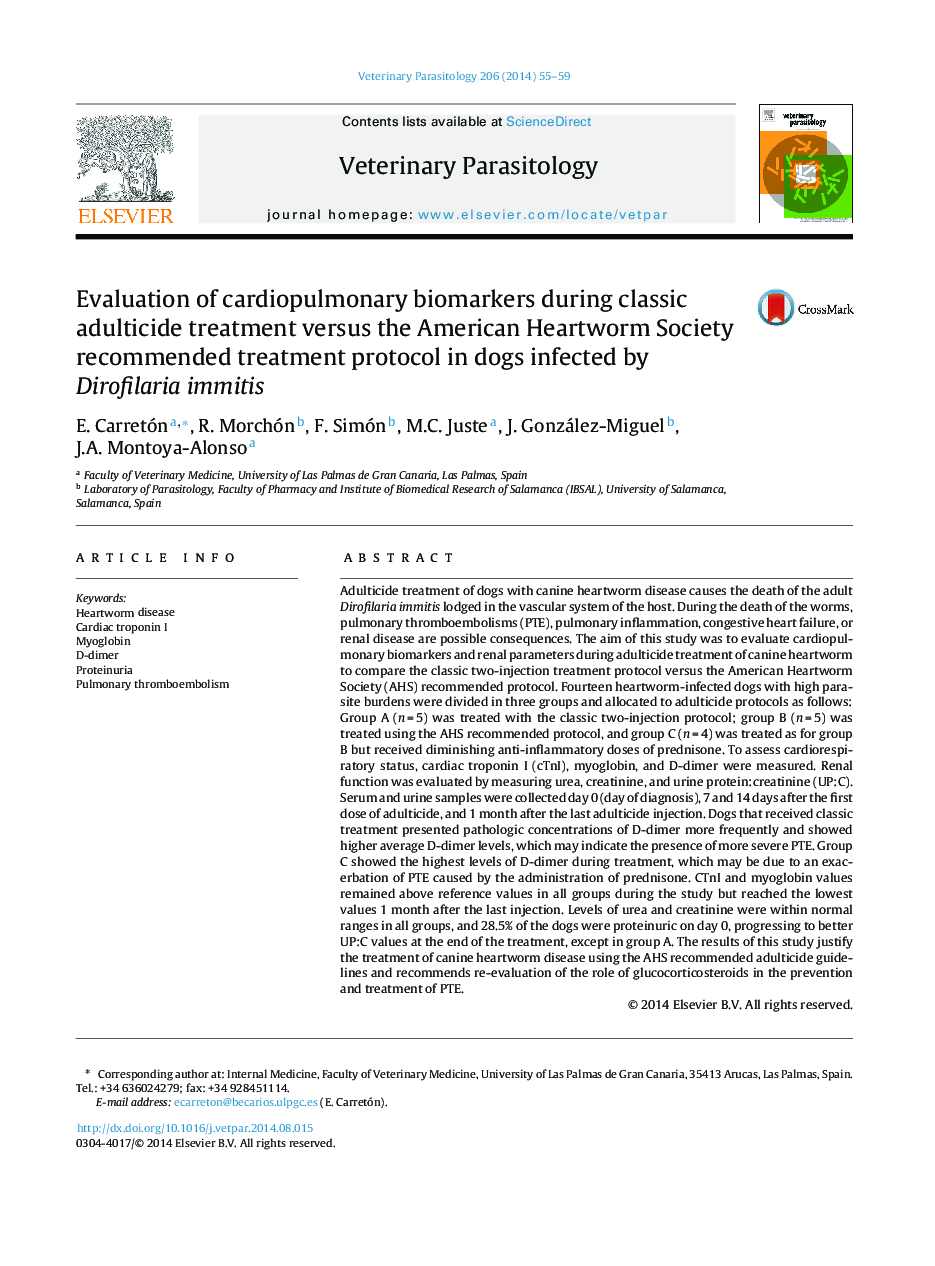 Evaluation of cardiopulmonary biomarkers during classic adulticide treatment versus the American Heartworm Society recommended treatment protocol in dogs infected by Dirofilaria immitis