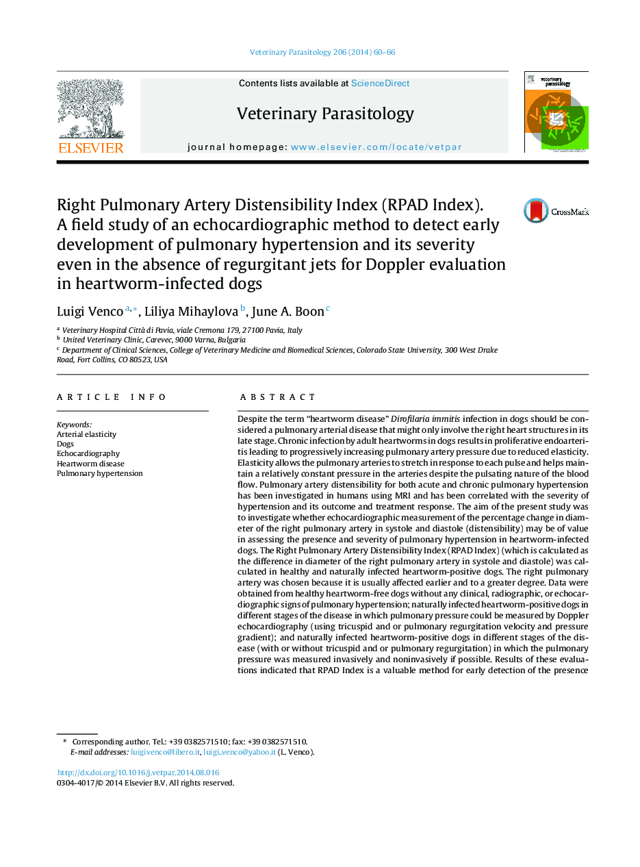 Right Pulmonary Artery Distensibility Index (RPAD Index). A field study of an echocardiographic method to detect early development of pulmonary hypertension and its severity even in the absence of regurgitant jets for Doppler evaluation in heartworm-infec