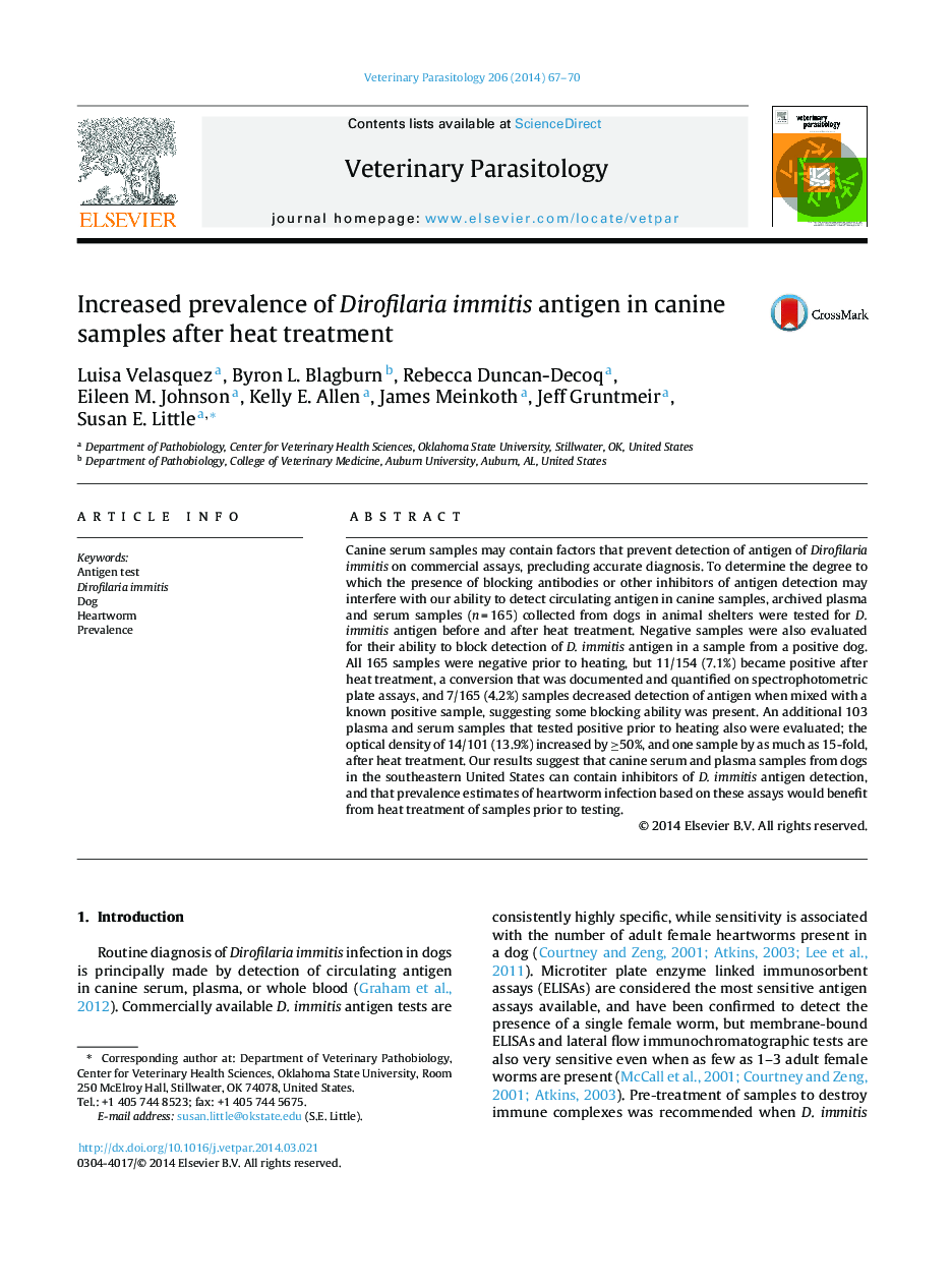 Increased prevalence of Dirofilaria immitis antigen in canine samples after heat treatment