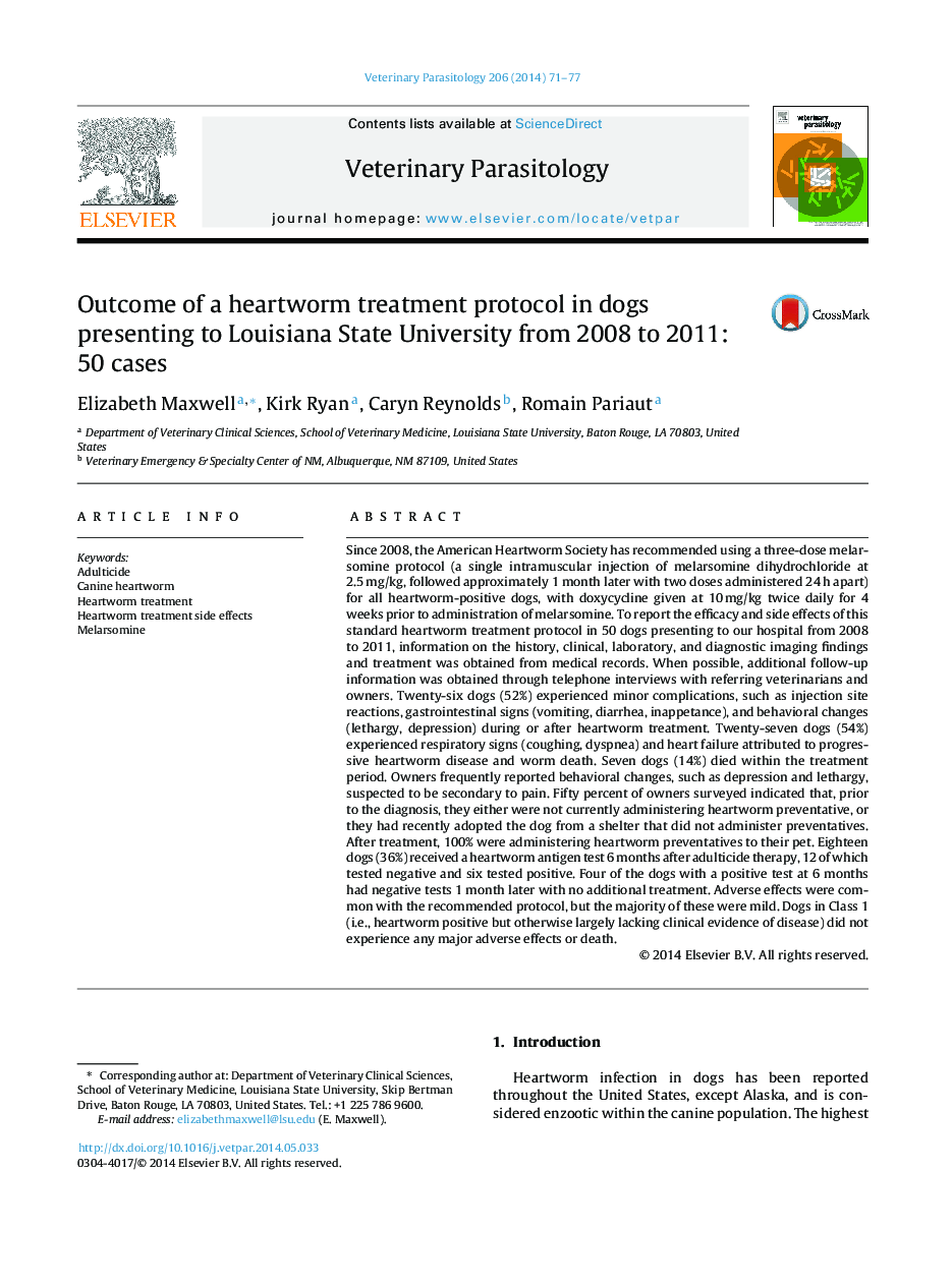 Outcome of a heartworm treatment protocol in dogs presenting to Louisiana State University from 2008 to 2011: 50 cases