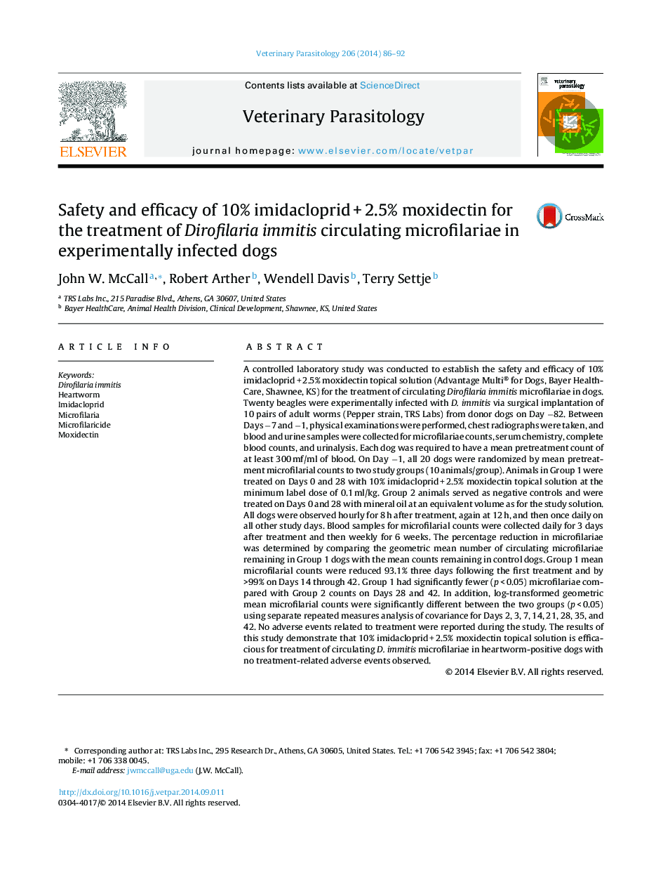 Safety and efficacy of 10% imidacloprid + 2.5% moxidectin for the treatment of Dirofilaria immitis circulating microfilariae in experimentally infected dogs