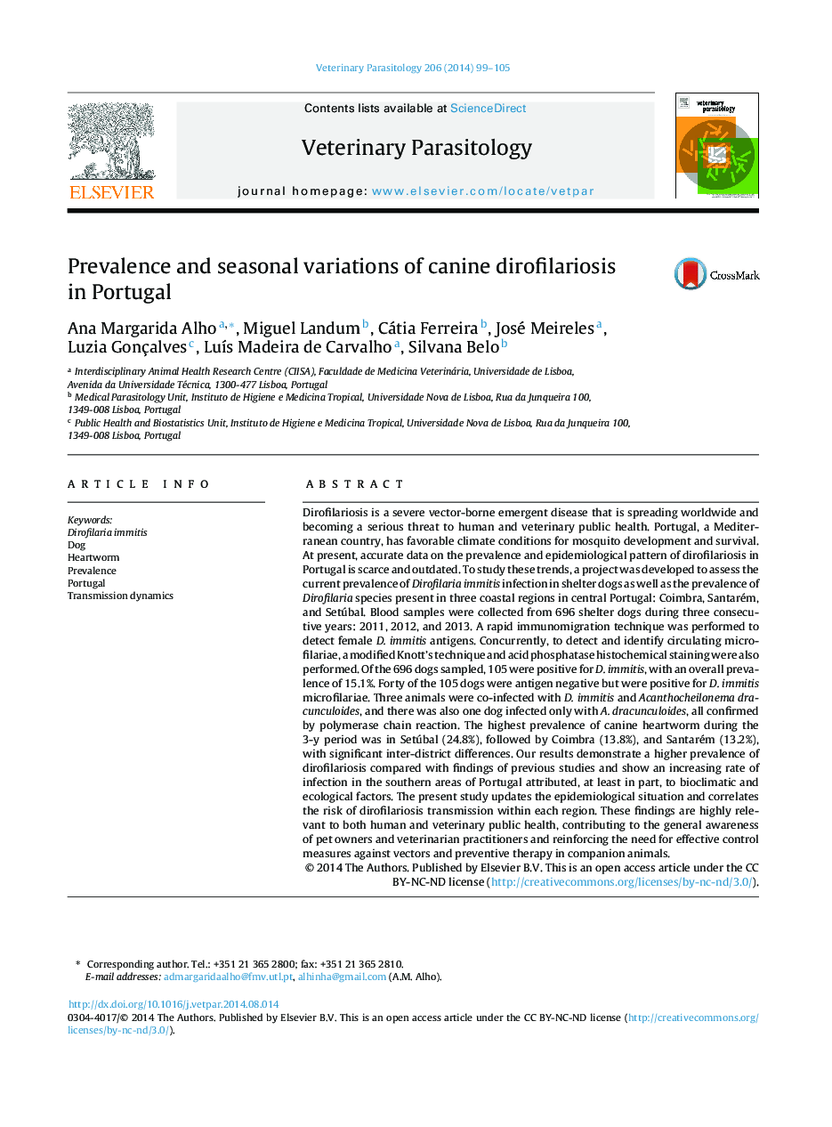 Prevalence and seasonal variations of canine dirofilariosis in Portugal