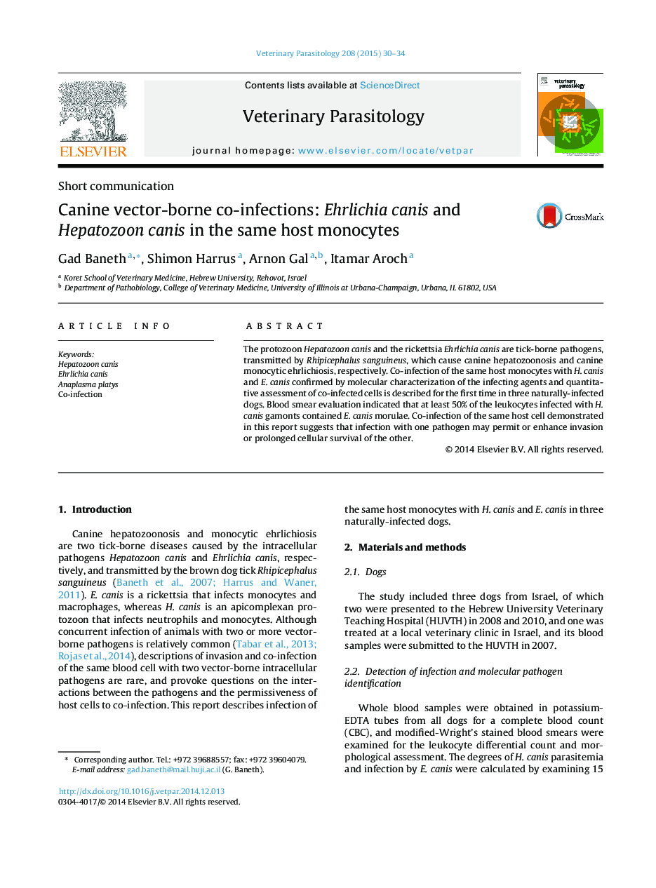 Canine vector-borne co-infections: Ehrlichia canis and Hepatozoon canis in the same host monocytes