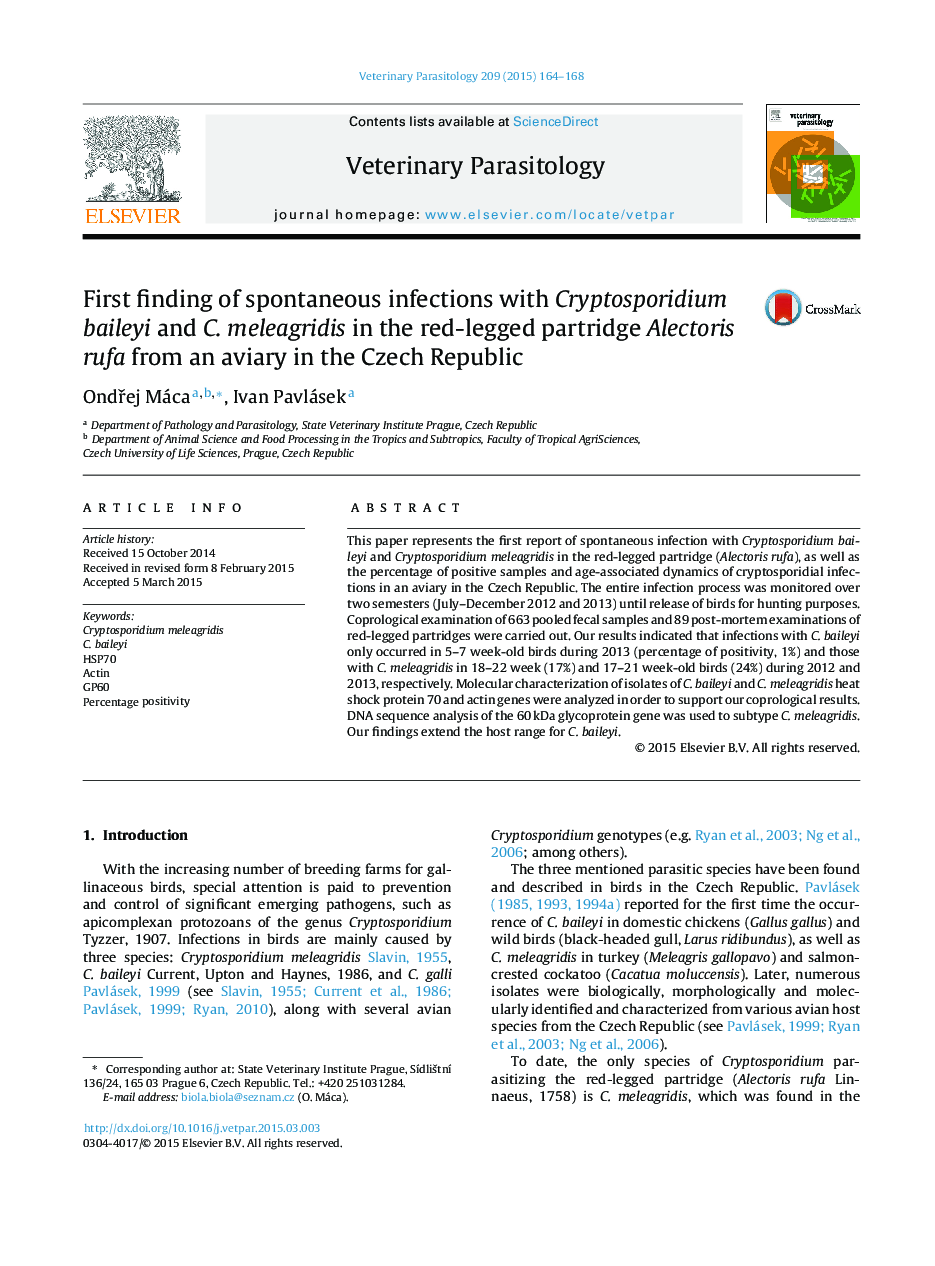 First finding of spontaneous infections with Cryptosporidium baileyi and C. meleagridis in the red-legged partridge Alectoris rufa from an aviary in the Czech Republic