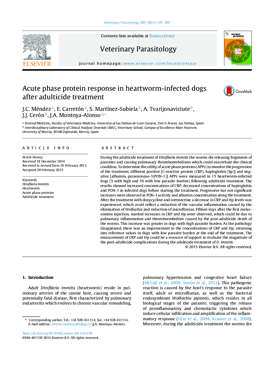 Acute phase protein response in heartworm-infected dogs after adulticide treatment