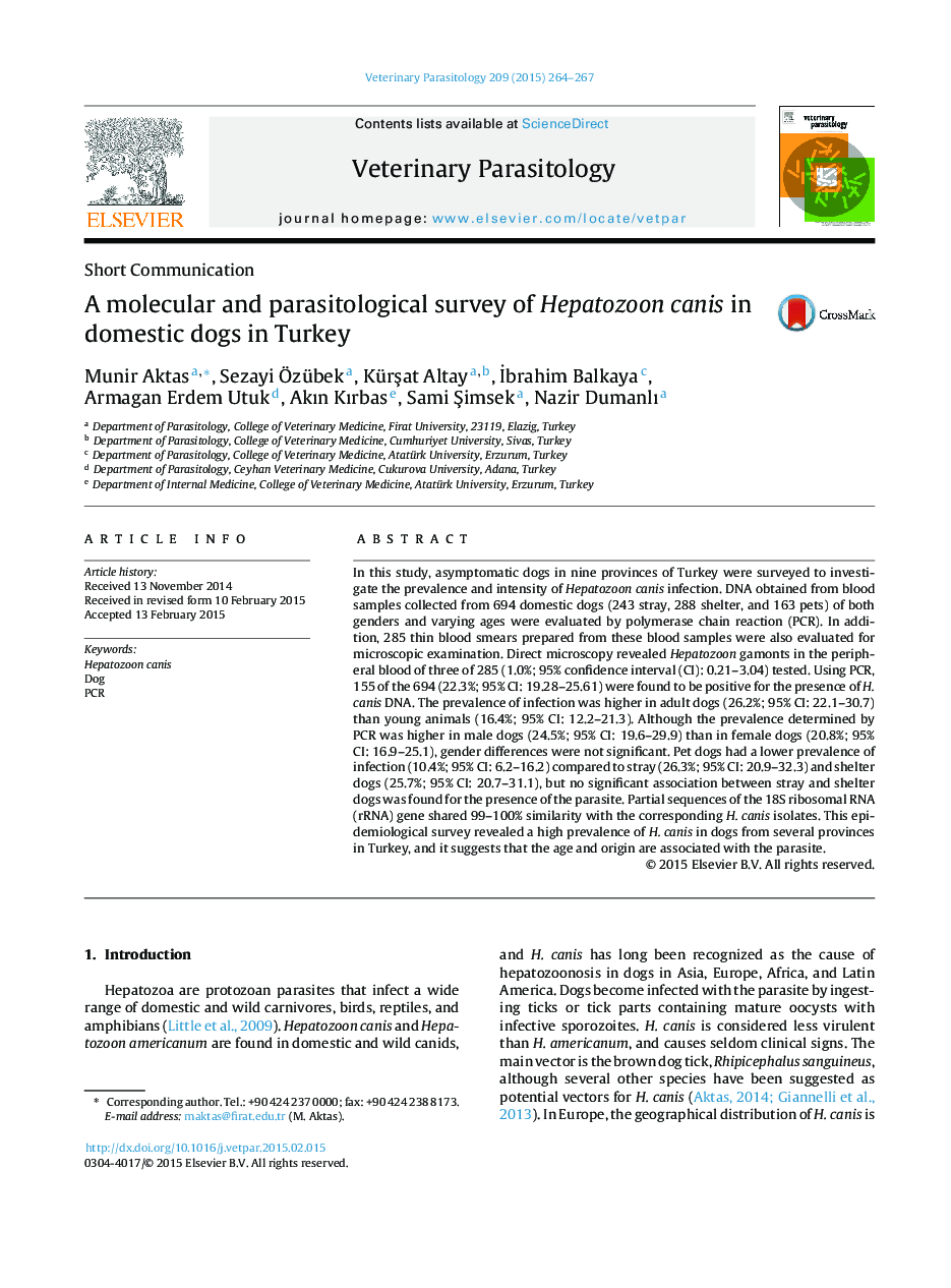 A molecular and parasitological survey of Hepatozoon canis in domestic dogs in Turkey