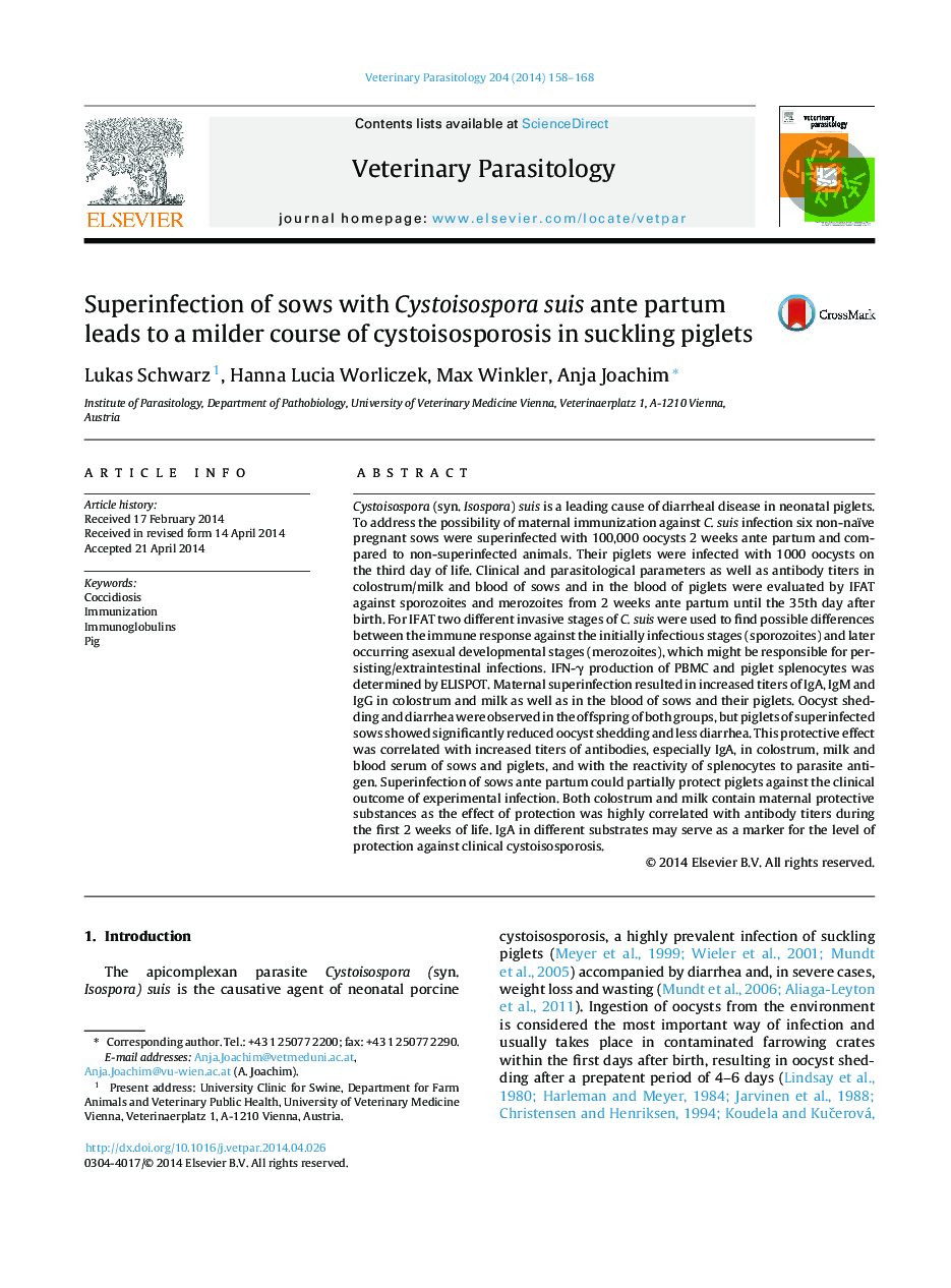 Superinfection of sows with Cystoisospora suis ante partum leads to a milder course of cystoisosporosis in suckling piglets