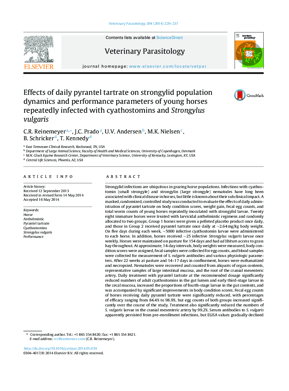 Effects of daily pyrantel tartrate on strongylid population dynamics and performance parameters of young horses repeatedly infected with cyathostomins and Strongylus vulgaris