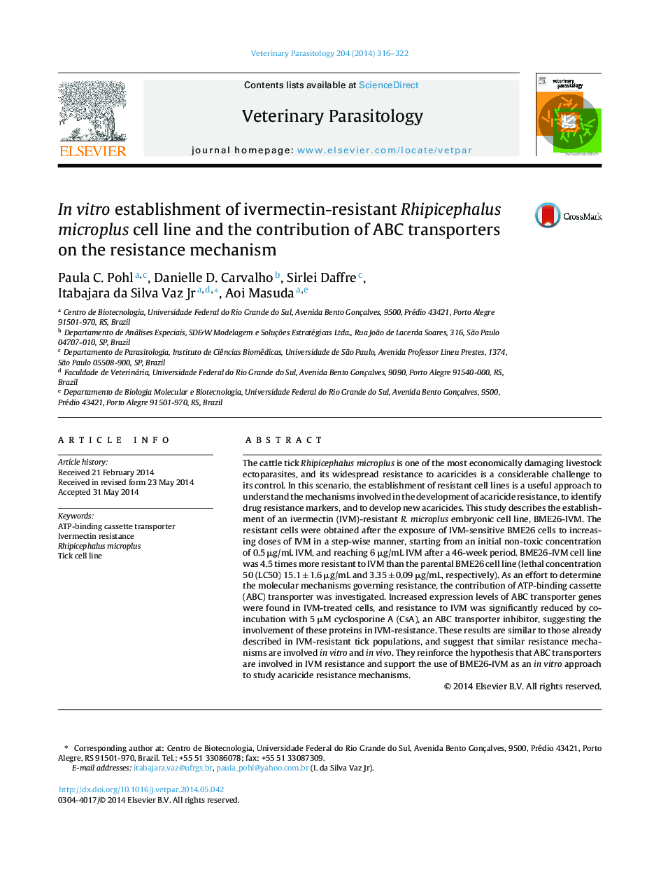 In vitro establishment of ivermectin-resistant Rhipicephalus microplus cell line and the contribution of ABC transporters on the resistance mechanism