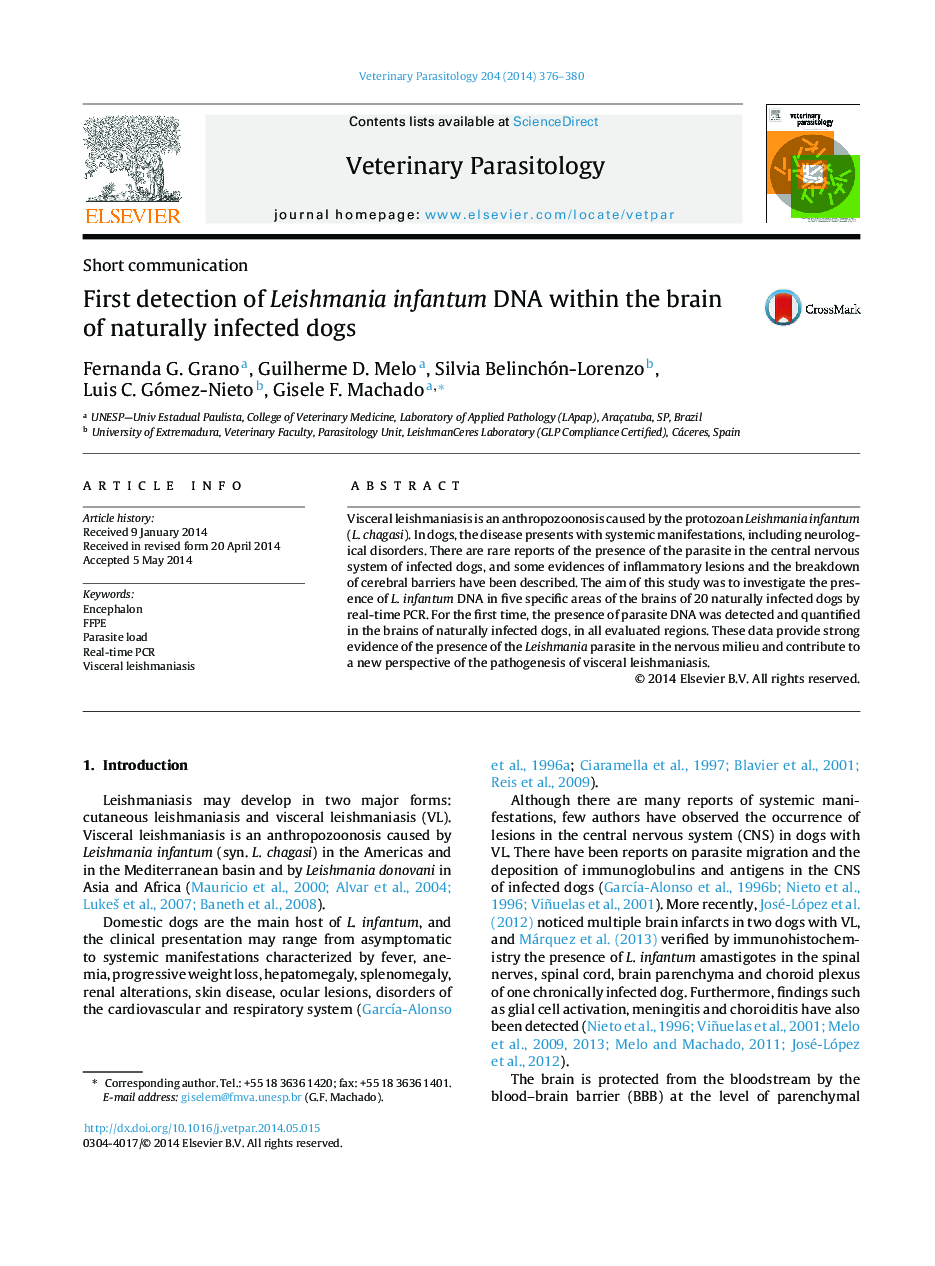 عکس صفحه اول مقاله: First detection of Leishmania infantum DNA within the brain of naturally infected dogs First detection of Leishmania infantum DNA within the brain of naturally infected dogs