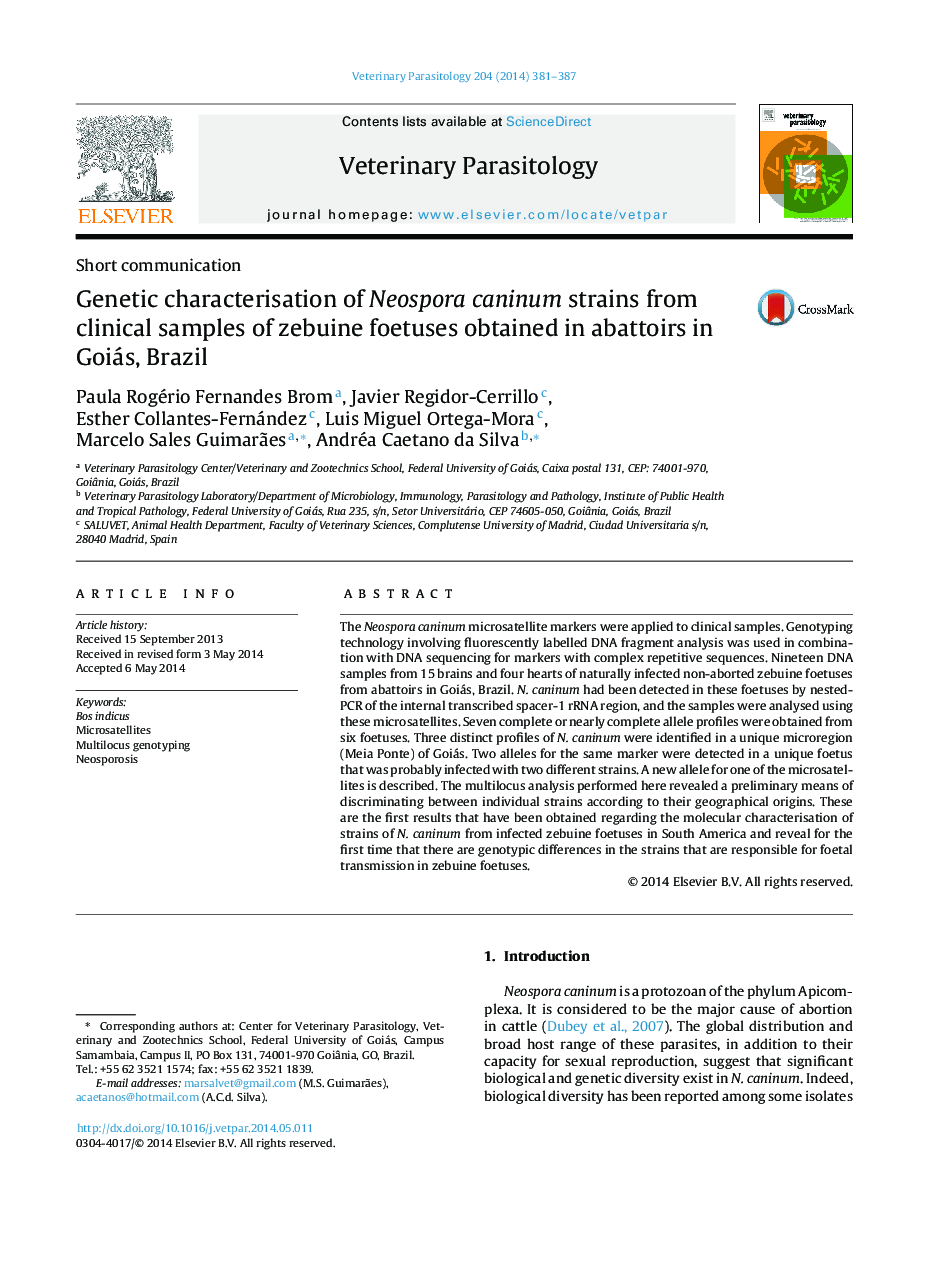 Genetic characterisation of Neospora caninum strains from clinical samples of zebuine foetuses obtained in abattoirs in Goiás, Brazil