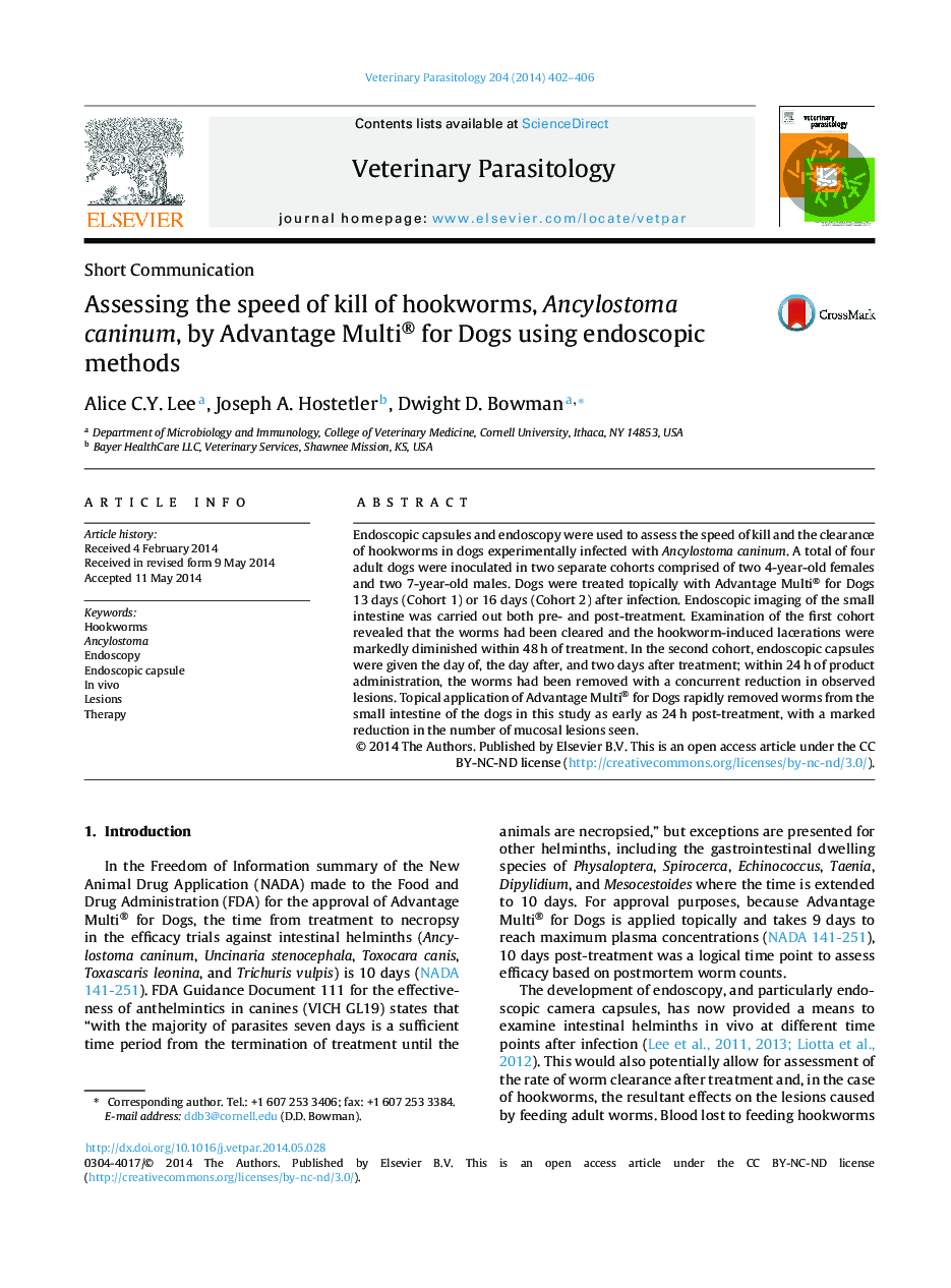 Assessing the speed of kill of hookworms, Ancylostoma caninum, by Advantage Multi® for Dogs using endoscopic methods