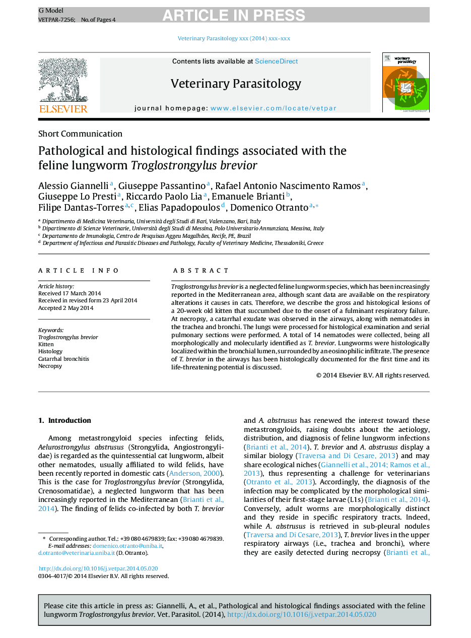 Pathological and histological findings associated with the feline lungworm Troglostrongylus brevior