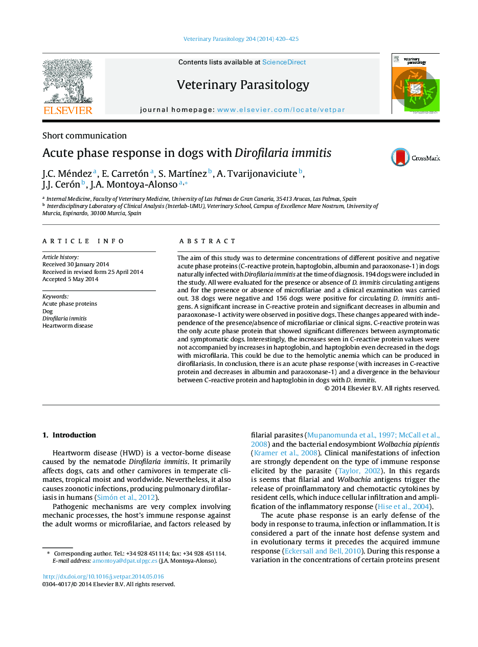 Acute phase response in dogs with Dirofilaria immitis