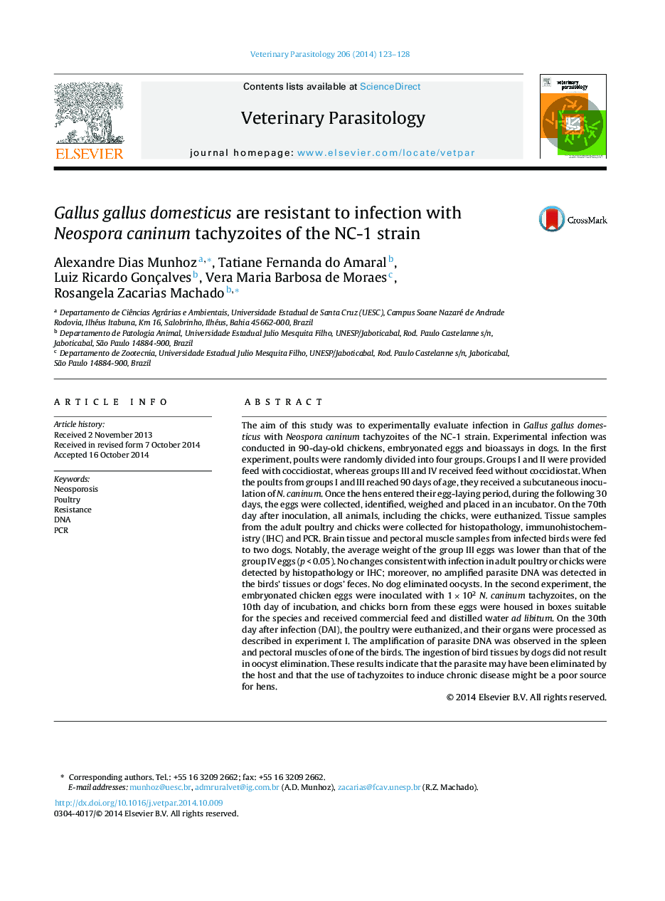 Gallus gallus domesticus are resistant to infection with Neospora caninum tachyzoites of the NC-1 strain