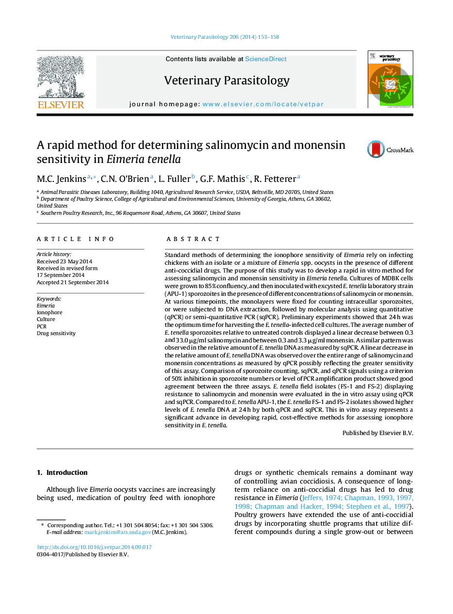 A rapid method for determining salinomycin and monensin sensitivity in Eimeria tenella