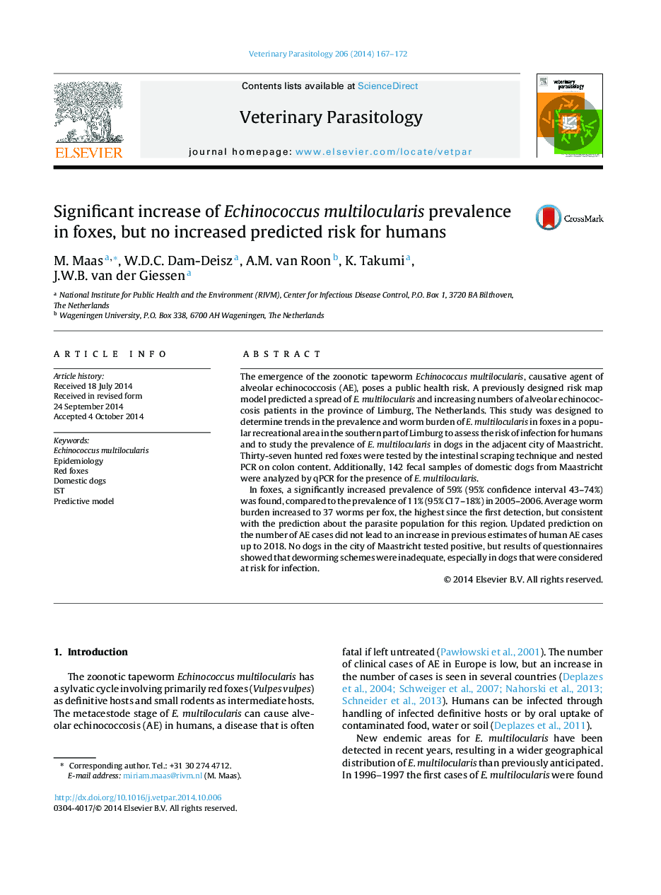 Significant increase of Echinococcus multilocularis prevalence in foxes, but no increased predicted risk for humans