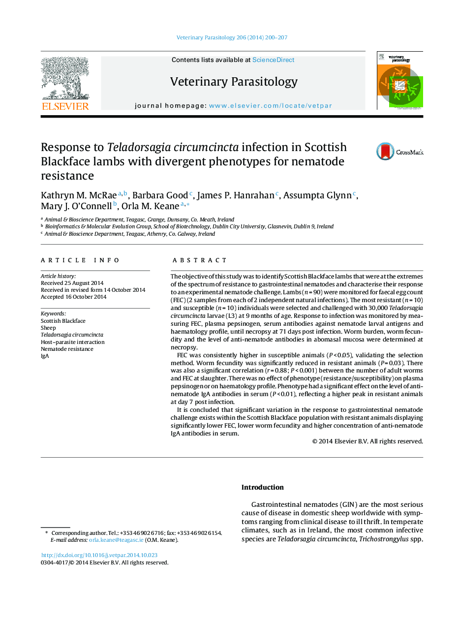 Response to Teladorsagia circumcincta infection in Scottish Blackface lambs with divergent phenotypes for nematode resistance