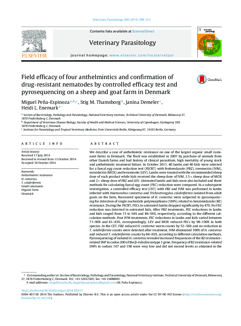 کارایی میدان چهار انترولمینتیک و تایید نماتدهای مقاوم در برابر دارو با استفاده از تست اثربخشی کنترل شده و پیرو زدن در مزرعه گوسفند و بز در دانمارک 
