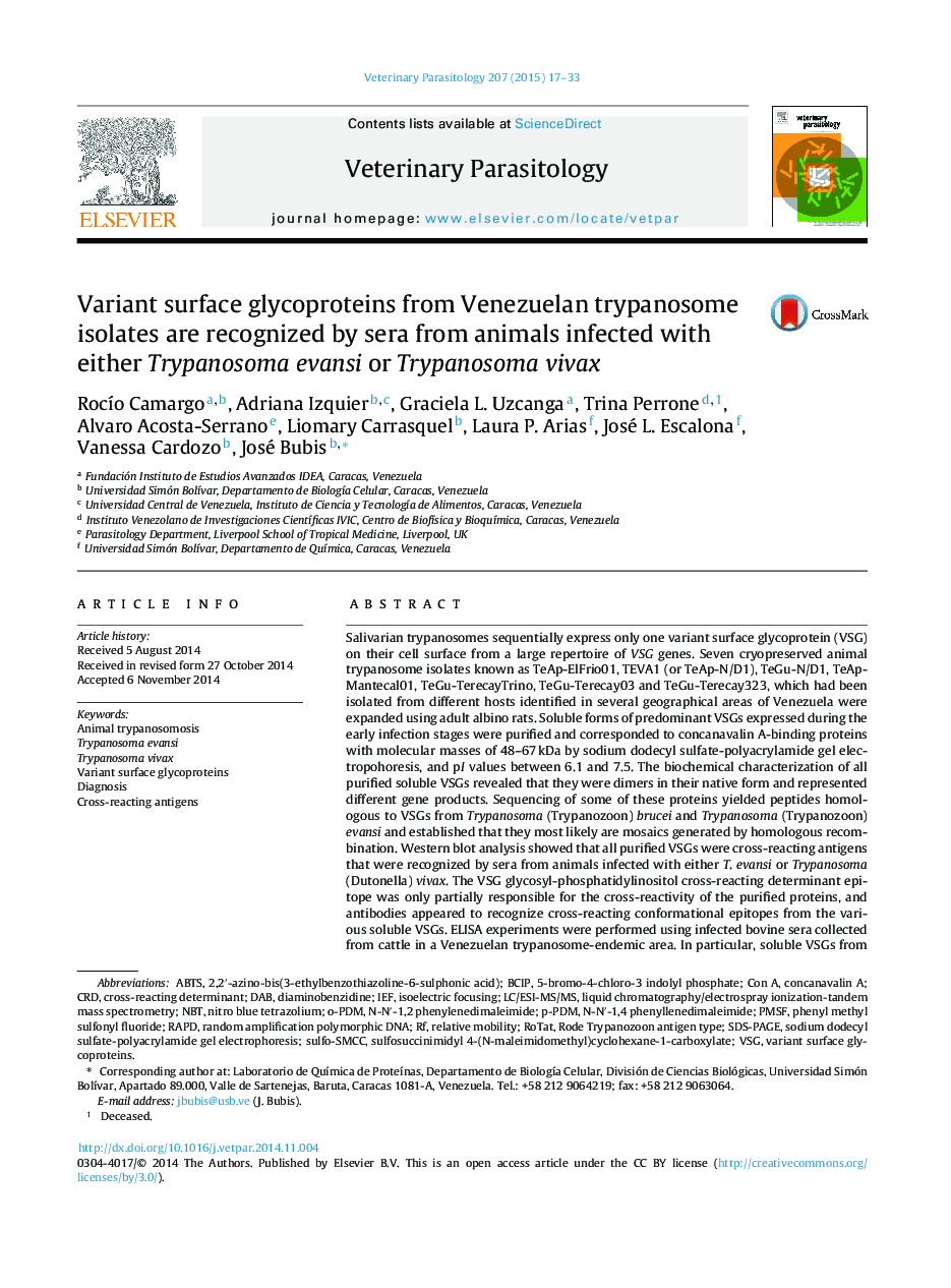 Variant surface glycoproteins from Venezuelan trypanosome isolates are recognized by sera from animals infected with either Trypanosoma evansi or Trypanosoma vivax