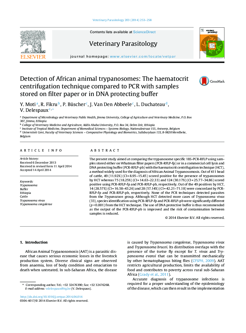 Detection of African animal trypanosomes: The haematocrit centrifugation technique compared to PCR with samples stored on filter paper or in DNA protecting buffer