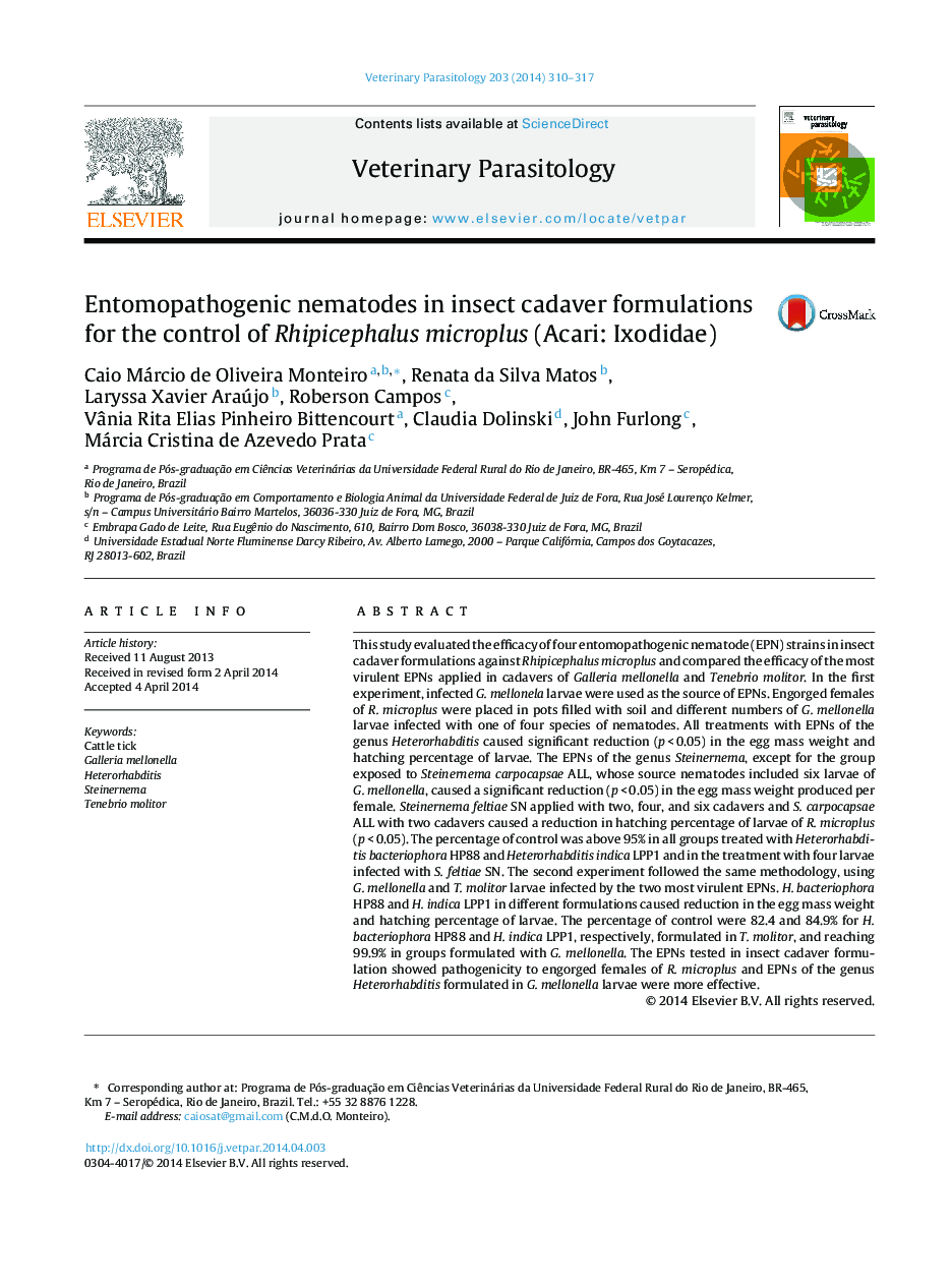 Entomopathogenic nematodes in insect cadaver formulations for the control of Rhipicephalus microplus (Acari: Ixodidae)
