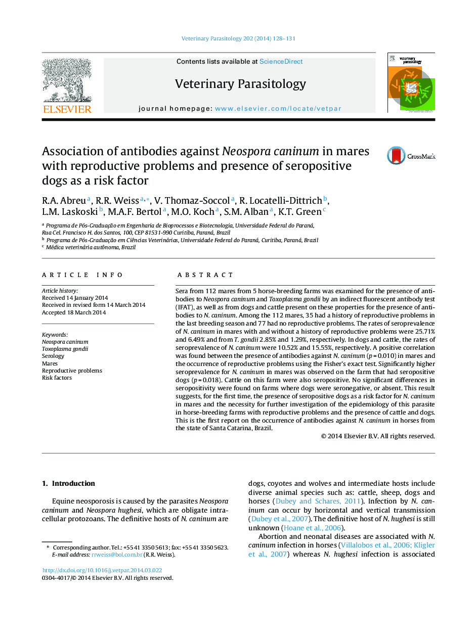 Association of antibodies against Neospora caninum in mares with reproductive problems and presence of seropositive dogs as a risk factor