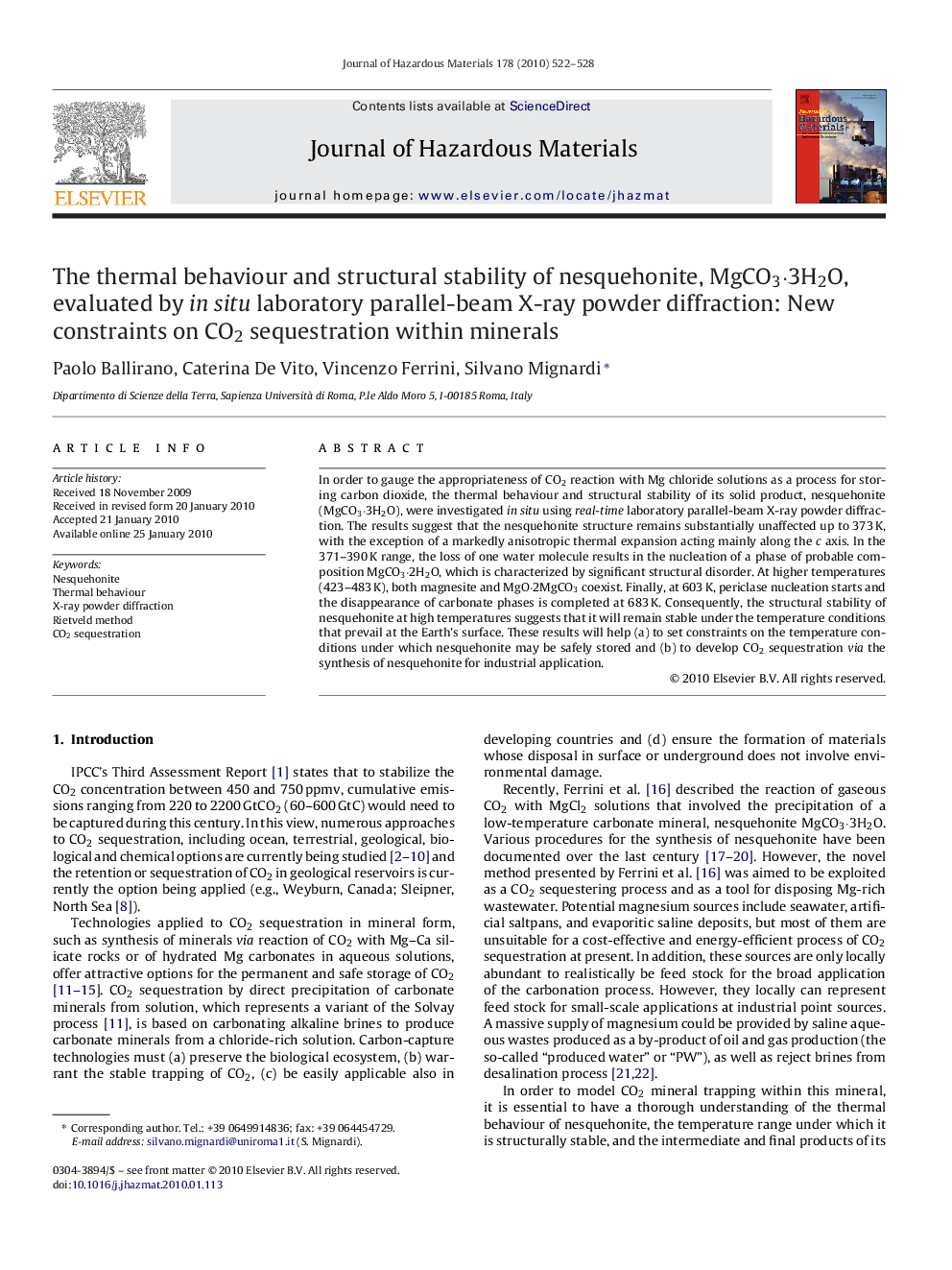 The thermal behaviour and structural stability of nesquehonite, MgCO3Â·3H2O, evaluated by in situ laboratory parallel-beam X-ray powder diffraction: New constraints on CO2 sequestration within minerals