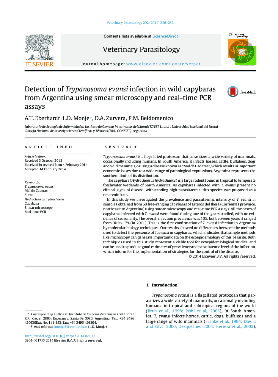 عکس صفحه اول مقاله: Detection of Trypanosoma evansi infection in wild capybaras from Argentina using smear microscopy and real-time PCR assays Detection of Trypanosoma evansi infection in wild capybaras from Argentina using smear microscopy and real-time PCR assays