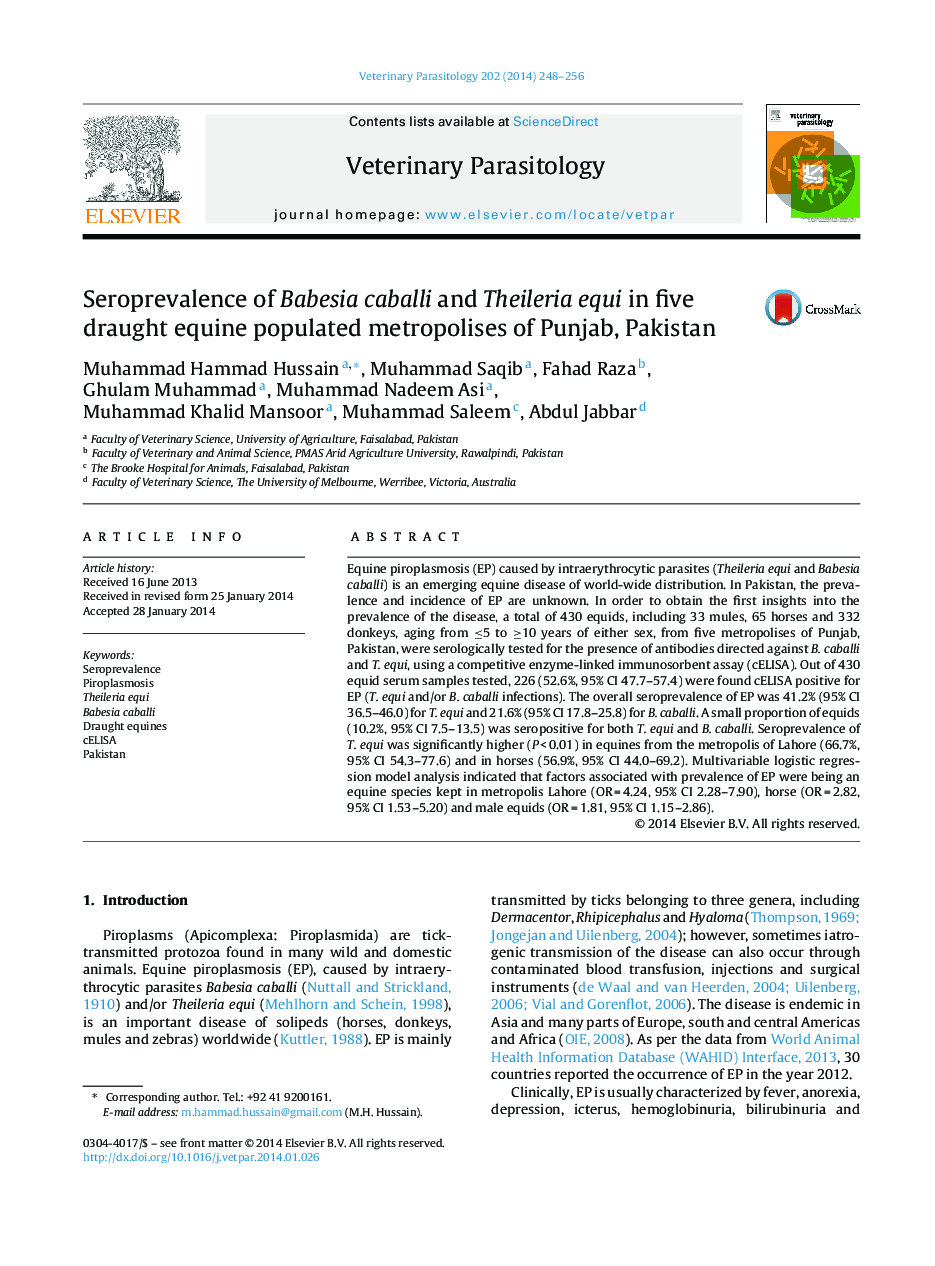 Seroprevalence of Babesia caballi and Theileria equi in five draught equine populated metropolises of Punjab, Pakistan