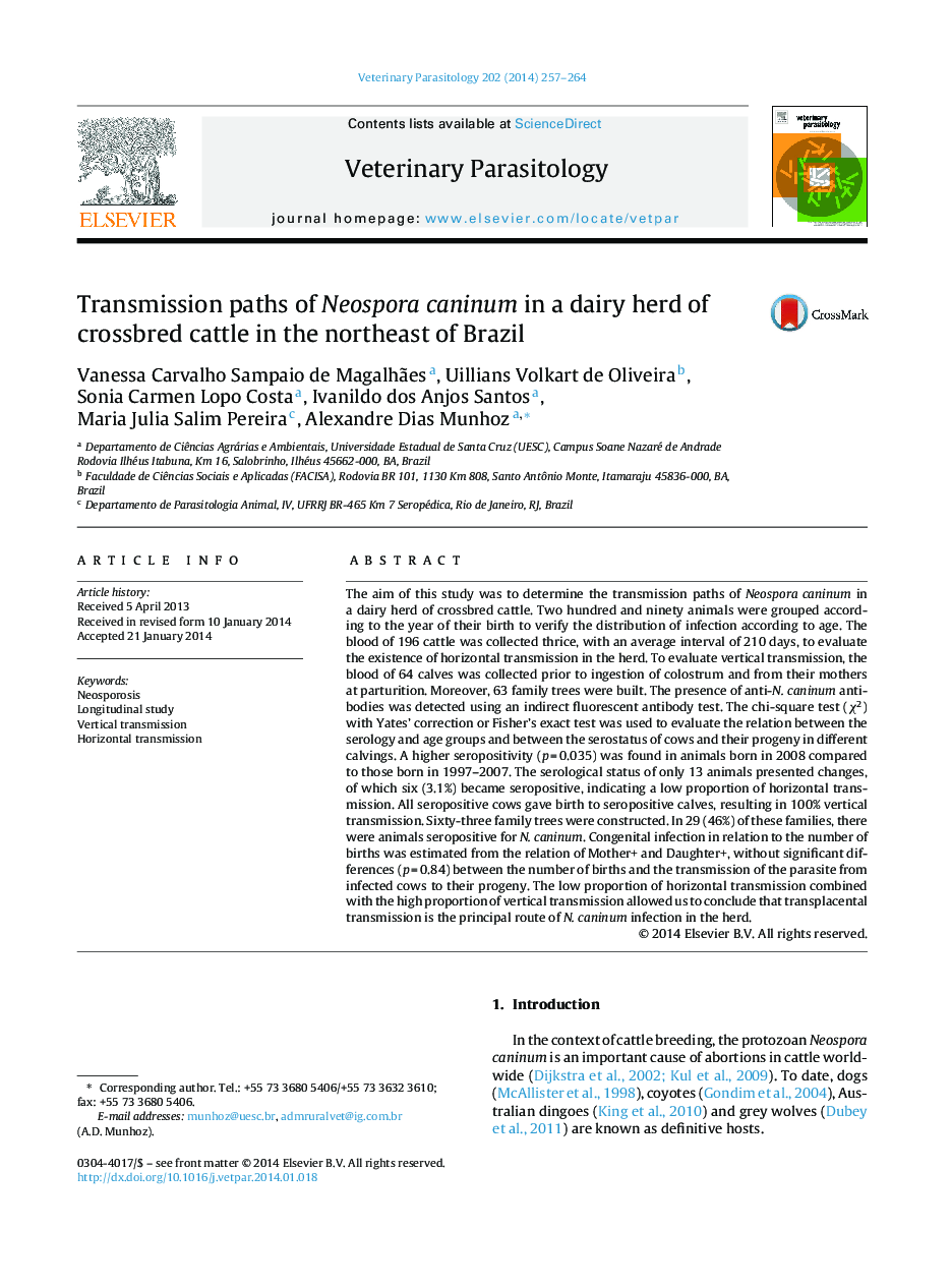 Transmission paths of Neospora caninum in a dairy herd of crossbred cattle in the northeast of Brazil