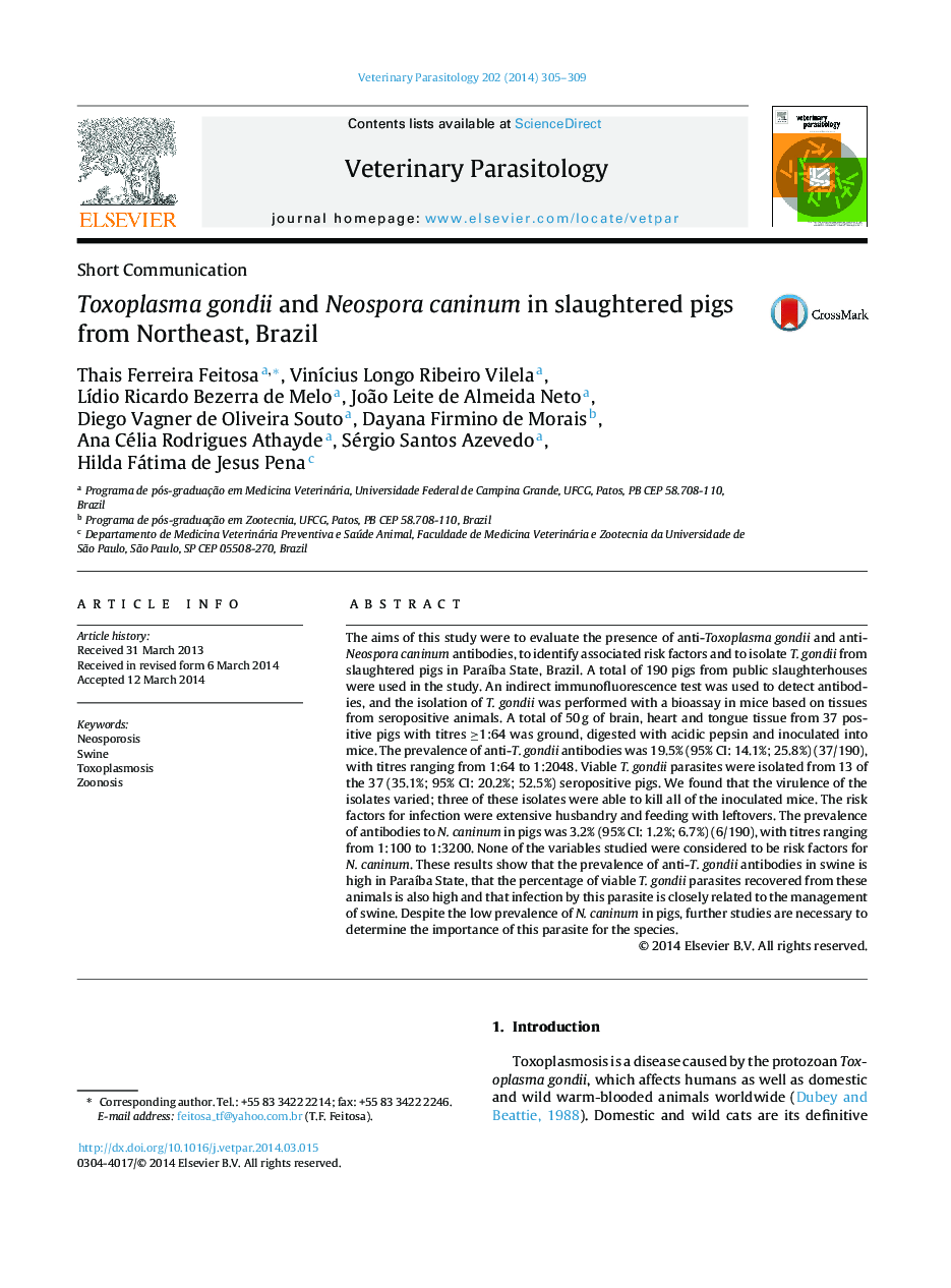 Toxoplasma gondii and Neospora caninum in slaughtered pigs from Northeast, Brazil