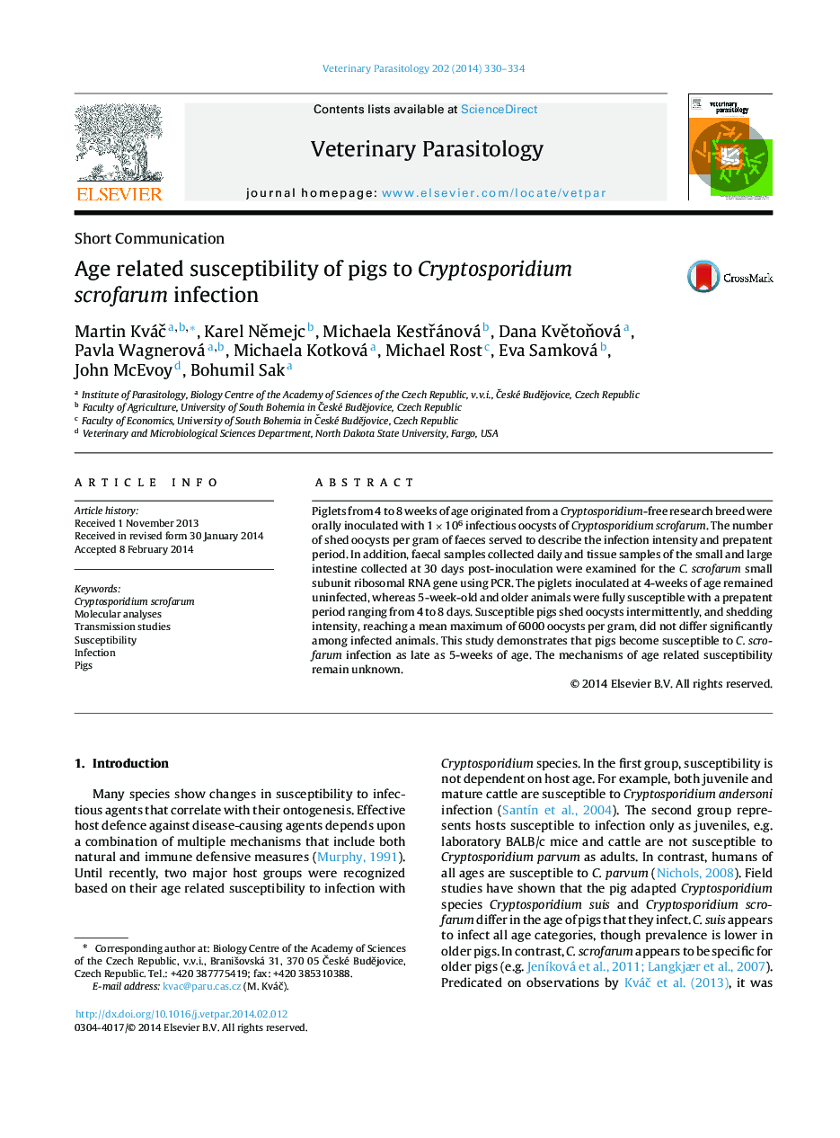 Age related susceptibility of pigs to Cryptosporidium scrofarum infection