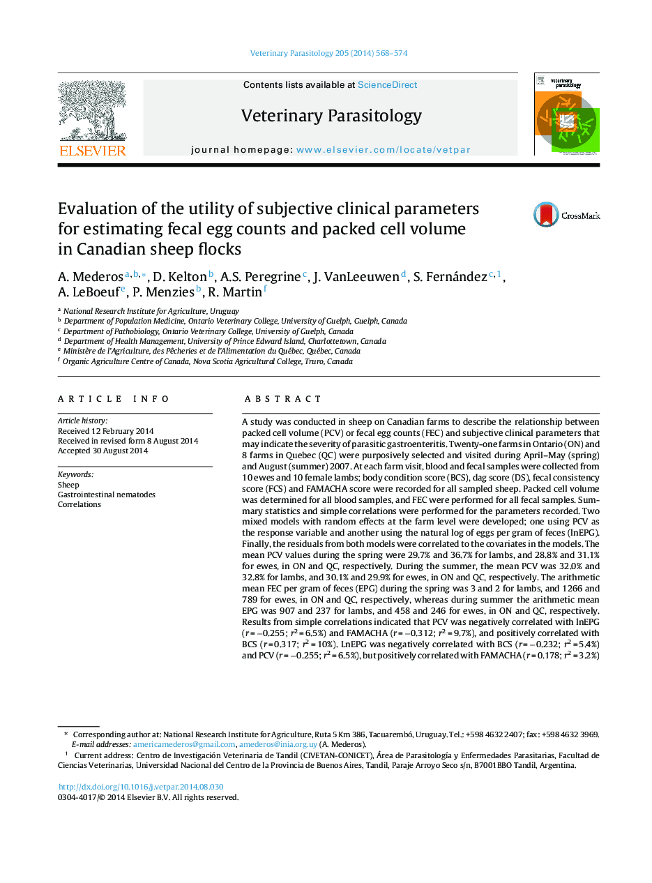 Evaluation of the utility of subjective clinical parameters for estimating fecal egg counts and packed cell volume in Canadian sheep flocks