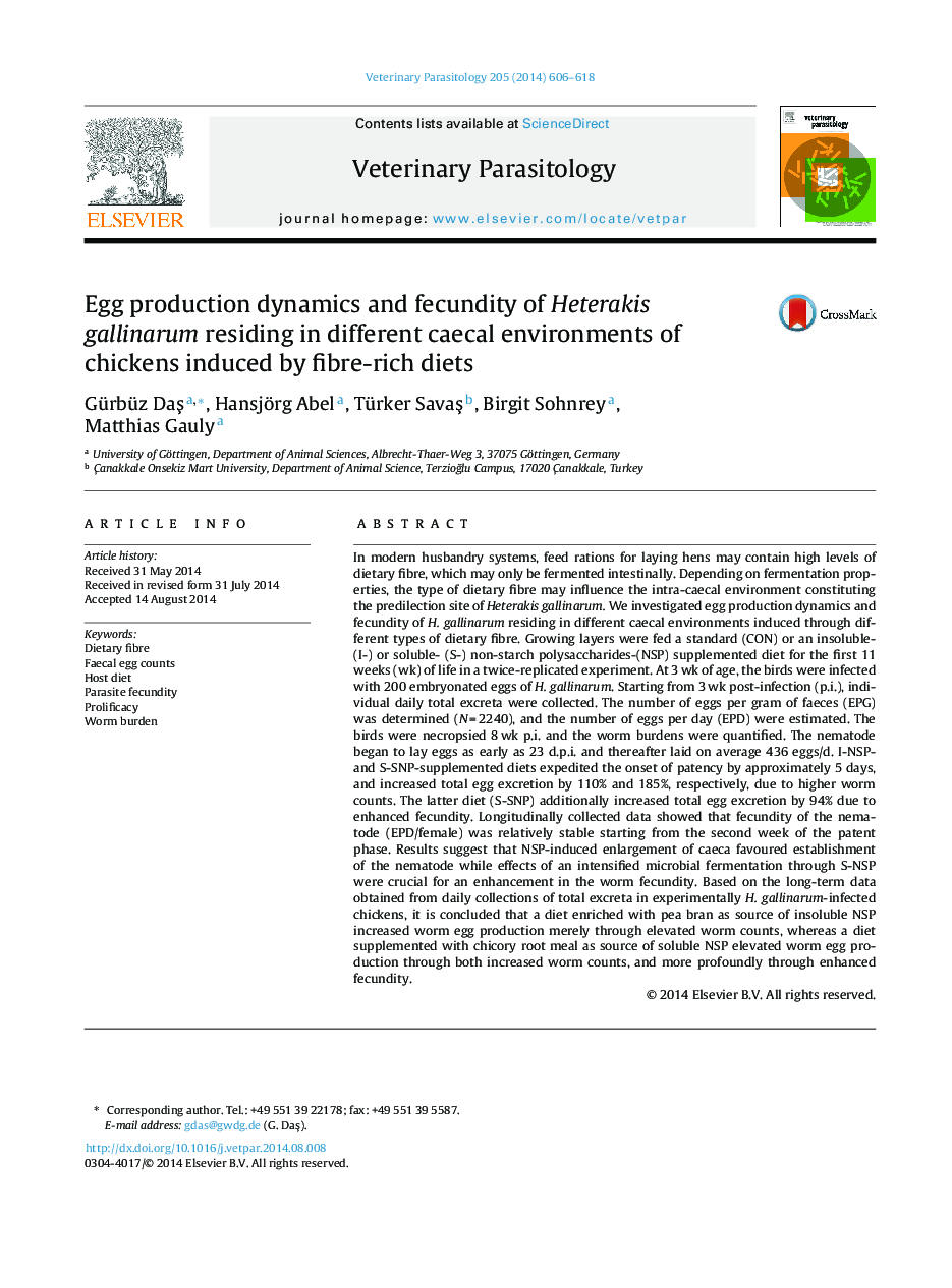 Egg production dynamics and fecundity of Heterakis gallinarum residing in different caecal environments of chickens induced by fibre-rich diets