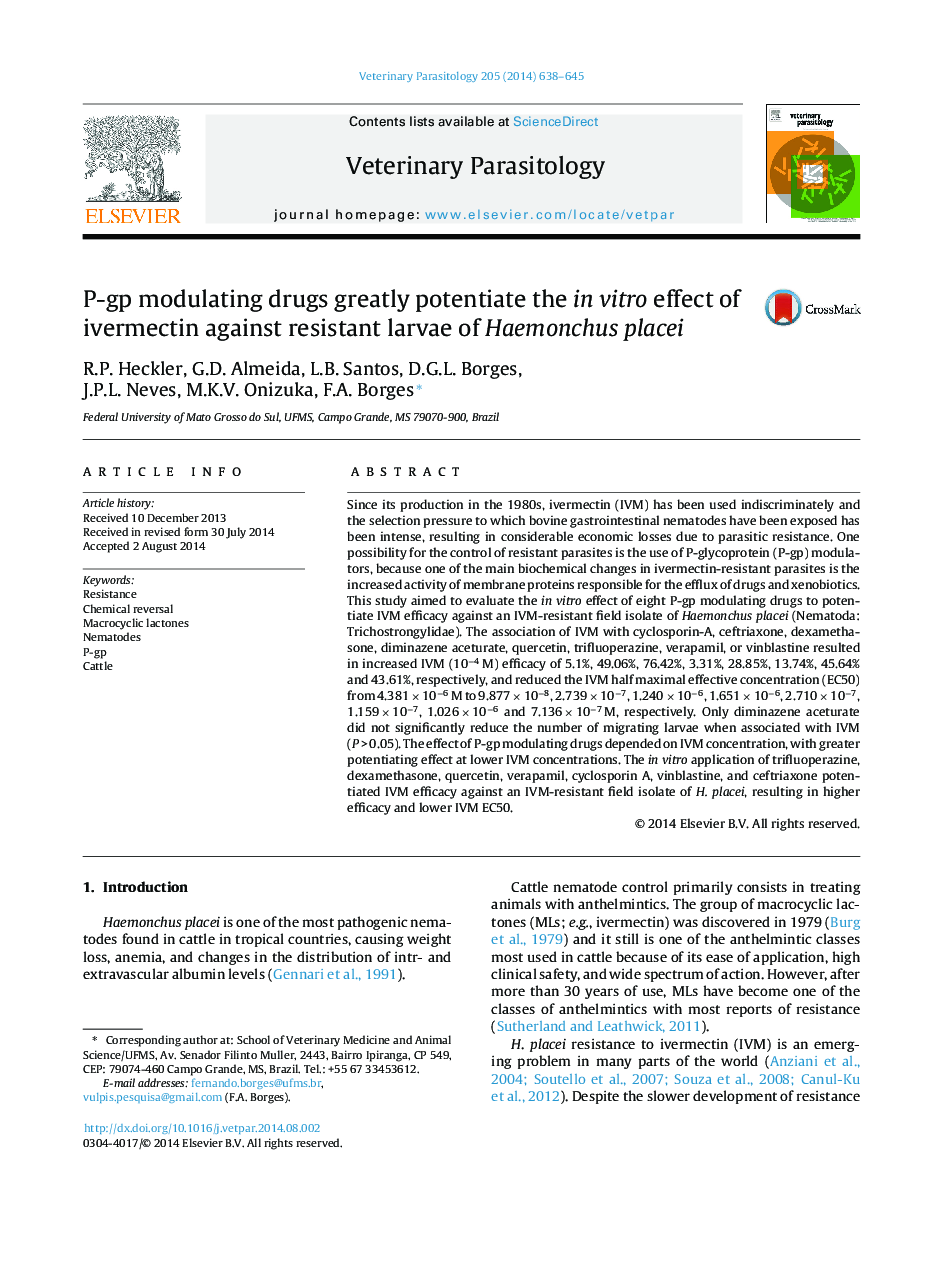 P-gp modulating drugs greatly potentiate the in vitro effect of ivermectin against resistant larvae of Haemonchus placei