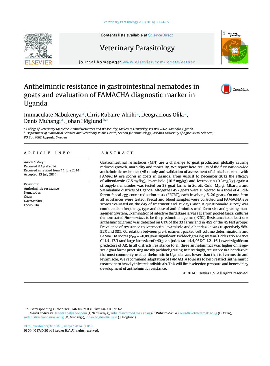 Anthelmintic resistance in gastrointestinal nematodes in goats and evaluation of FAMACHA diagnostic marker in Uganda