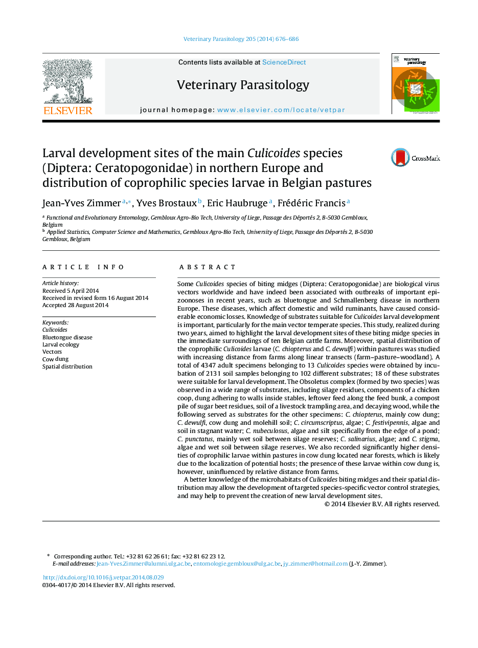 Larval development sites of the main Culicoides species (Diptera: Ceratopogonidae) in northern Europe and distribution of coprophilic species larvae in Belgian pastures