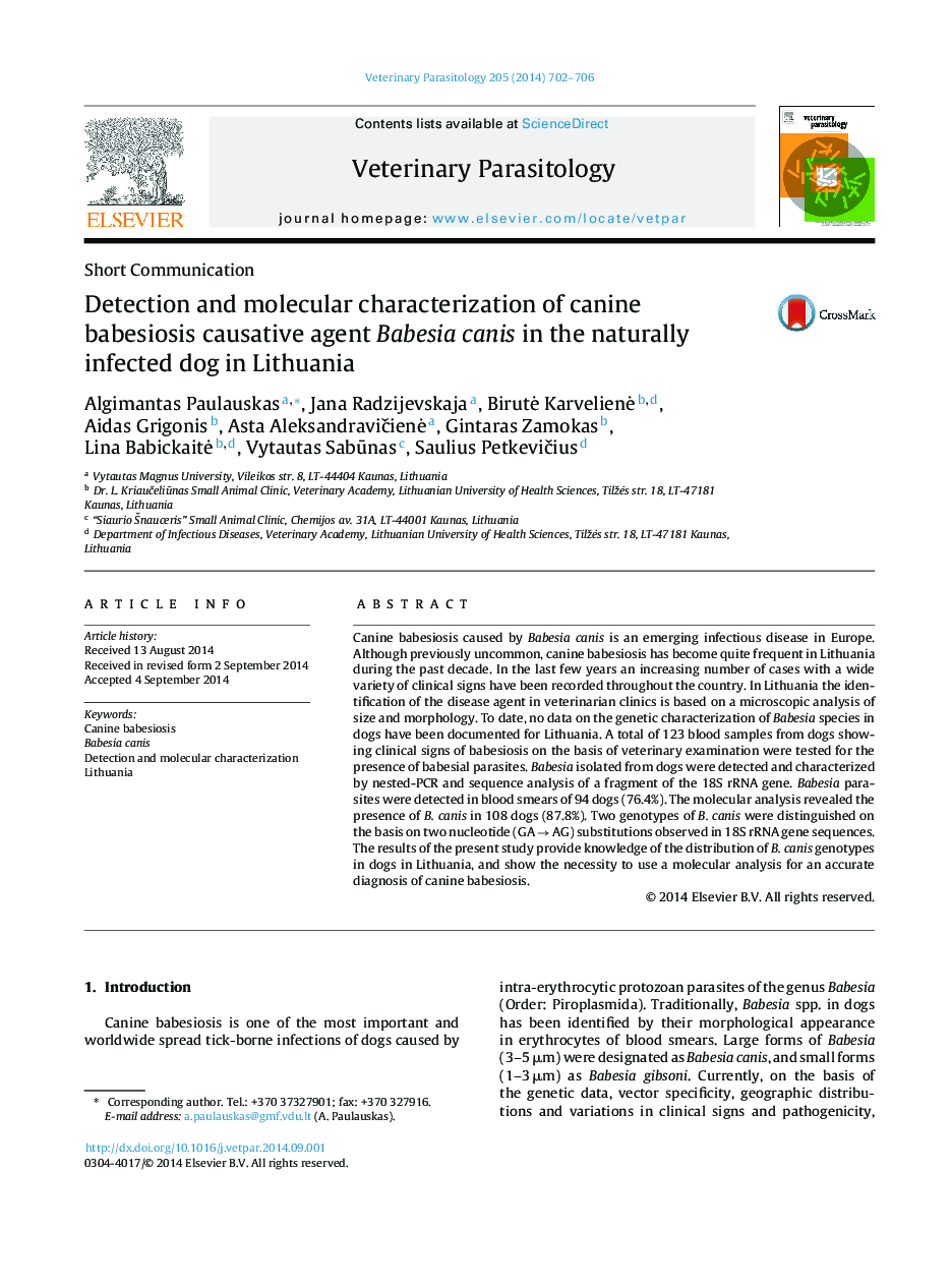 Detection and molecular characterization of canine babesiosis causative agent Babesia canis in the naturally infected dog in Lithuania