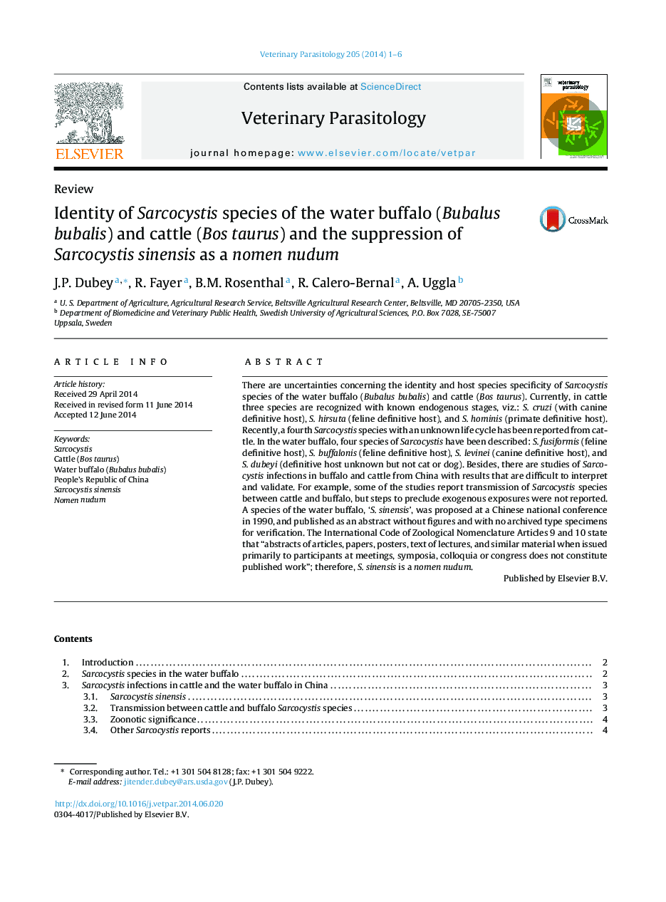 Identity of Sarcocystis species of the water buffalo (Bubalus bubalis) and cattle (Bos taurus) and the suppression of Sarcocystis sinensis as a nomen nudum