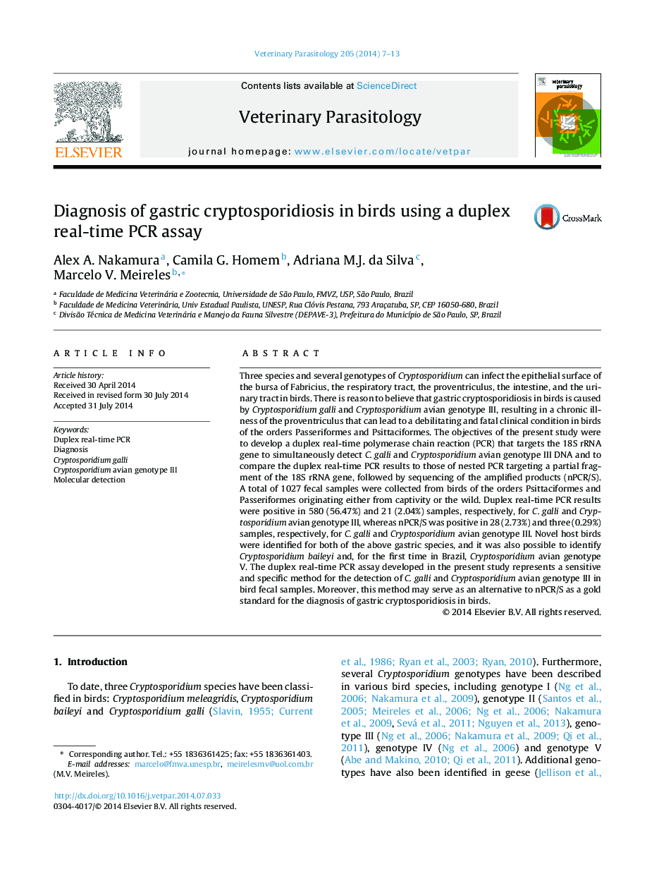 Diagnosis of gastric cryptosporidiosis in birds using a duplex real-time PCR assay