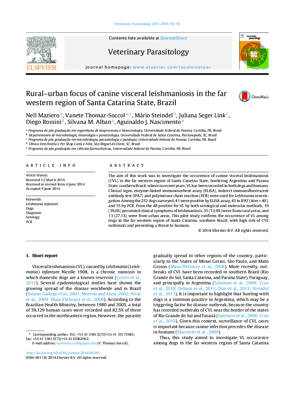 Rural-urban focus of canine visceral leishmaniosis in the far western region of Santa Catarina State, Brazil