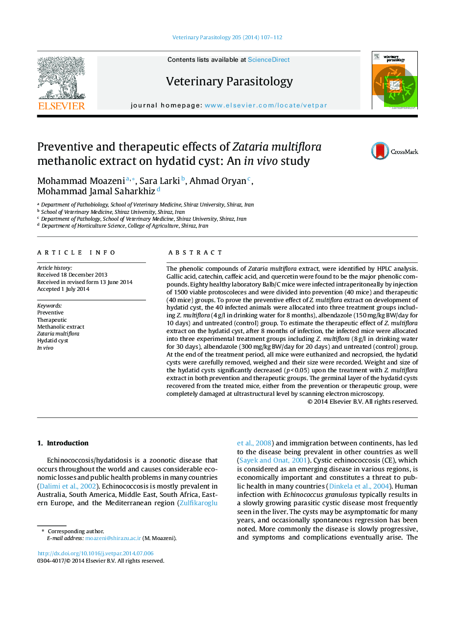 Preventive and therapeutic effects of Zataria multiflora methanolic extract on hydatid cyst: An in vivo study