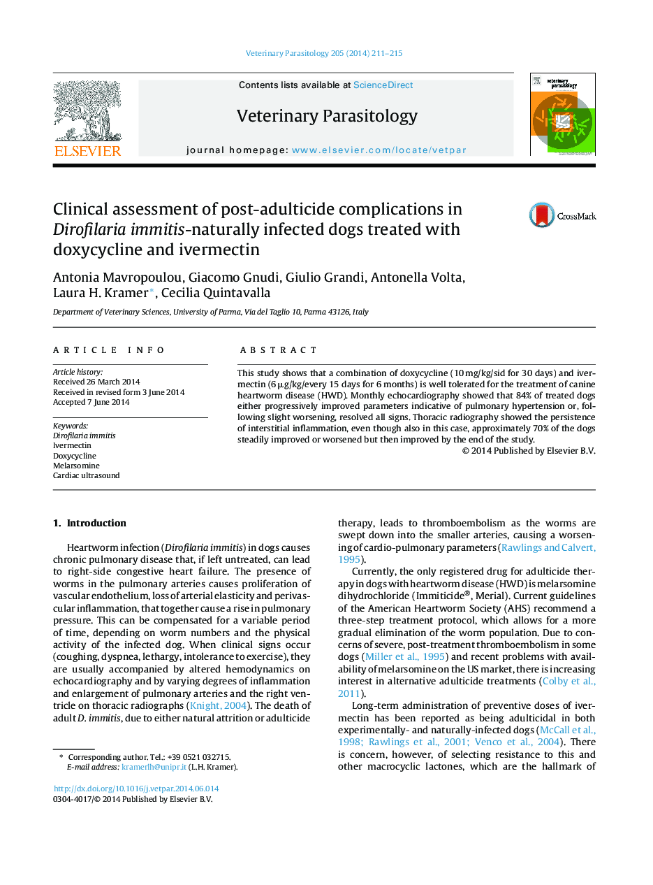 ارزیابی بالینی عوارض پس از زایمان در سگهای آلوده به دیوفیلایرا ماییمیتیس- سگهای آلوده شده تحت درمان با داکسی سایکلین و ایورمکتین 
