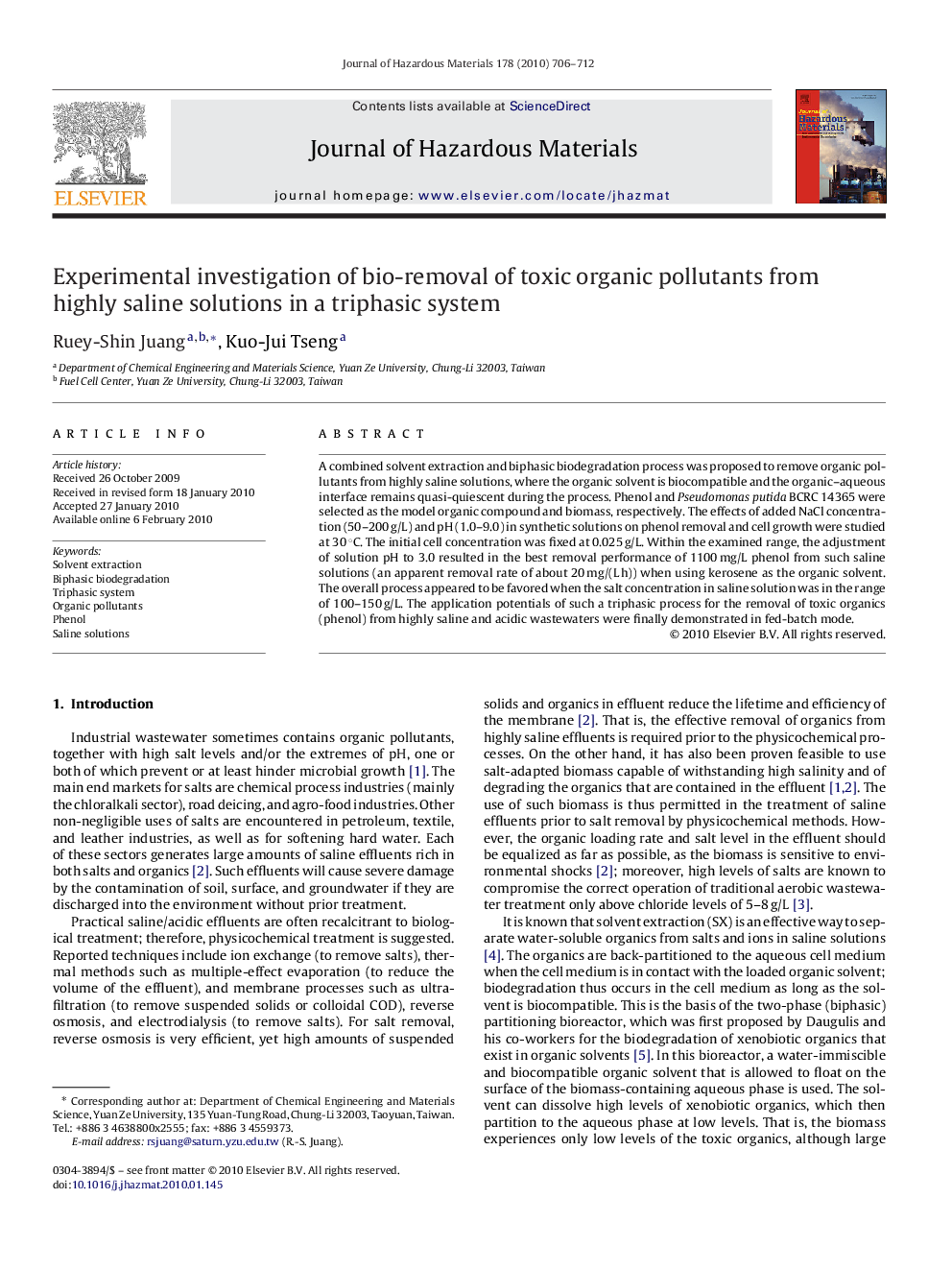 Experimental investigation of bio-removal of toxic organic pollutants from highly saline solutions in a triphasic system