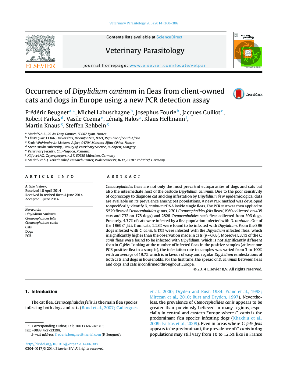 Occurrence of Dipylidium caninum in fleas from client-owned cats and dogs in Europe using a new PCR detection assay